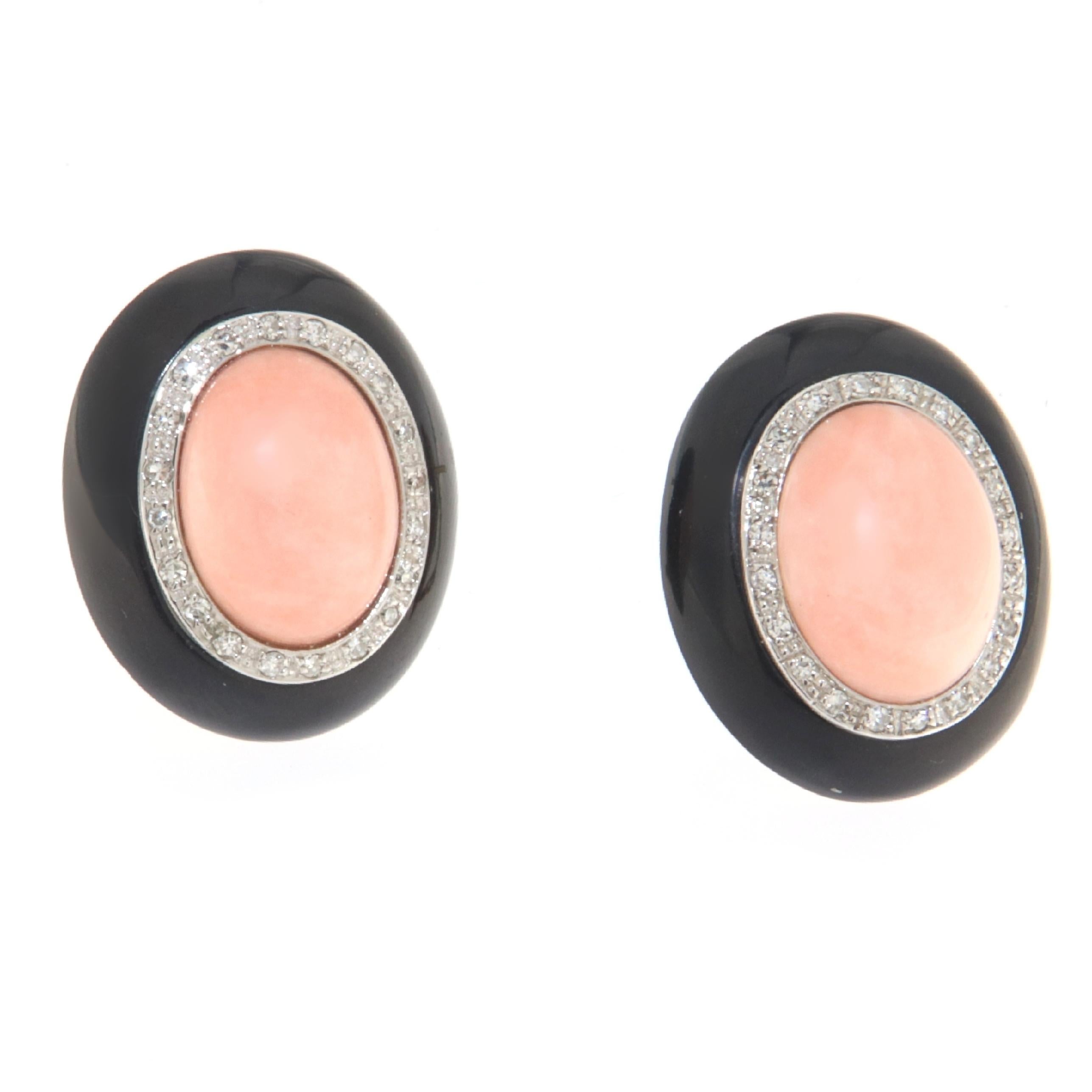 Diamonds Coral Onyx White And Yellow Gold 18 Karat Stud Earrings For Sale 1