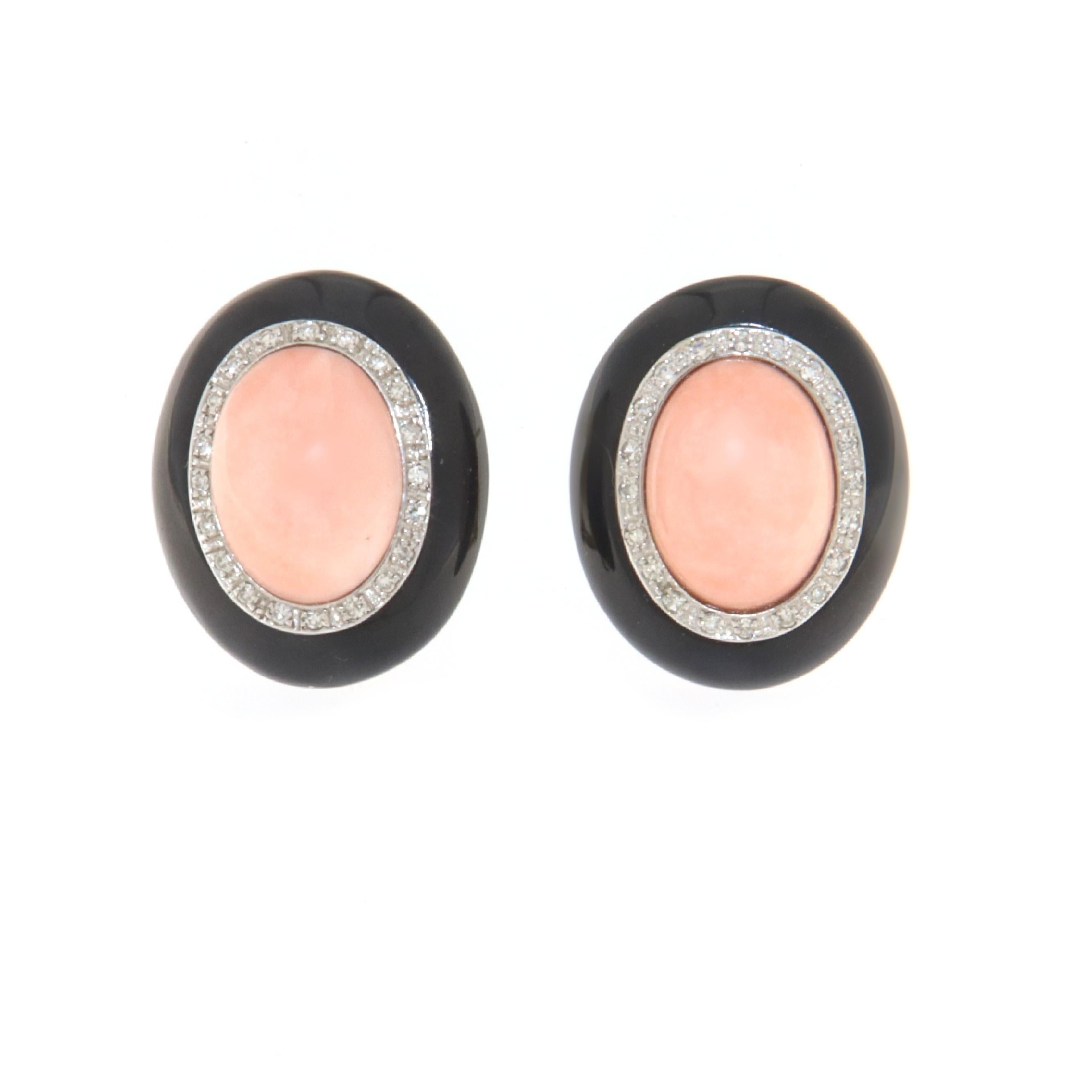 Diamonds Coral Onyx White And Yellow Gold 18 Karat Stud Earrings For Sale 2