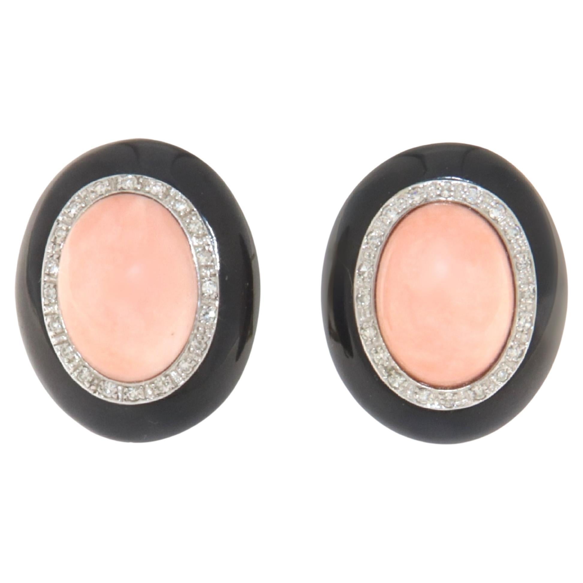 Diamonds Coral Onyx White And Yellow Gold 18 Karat Stud Earrings For Sale