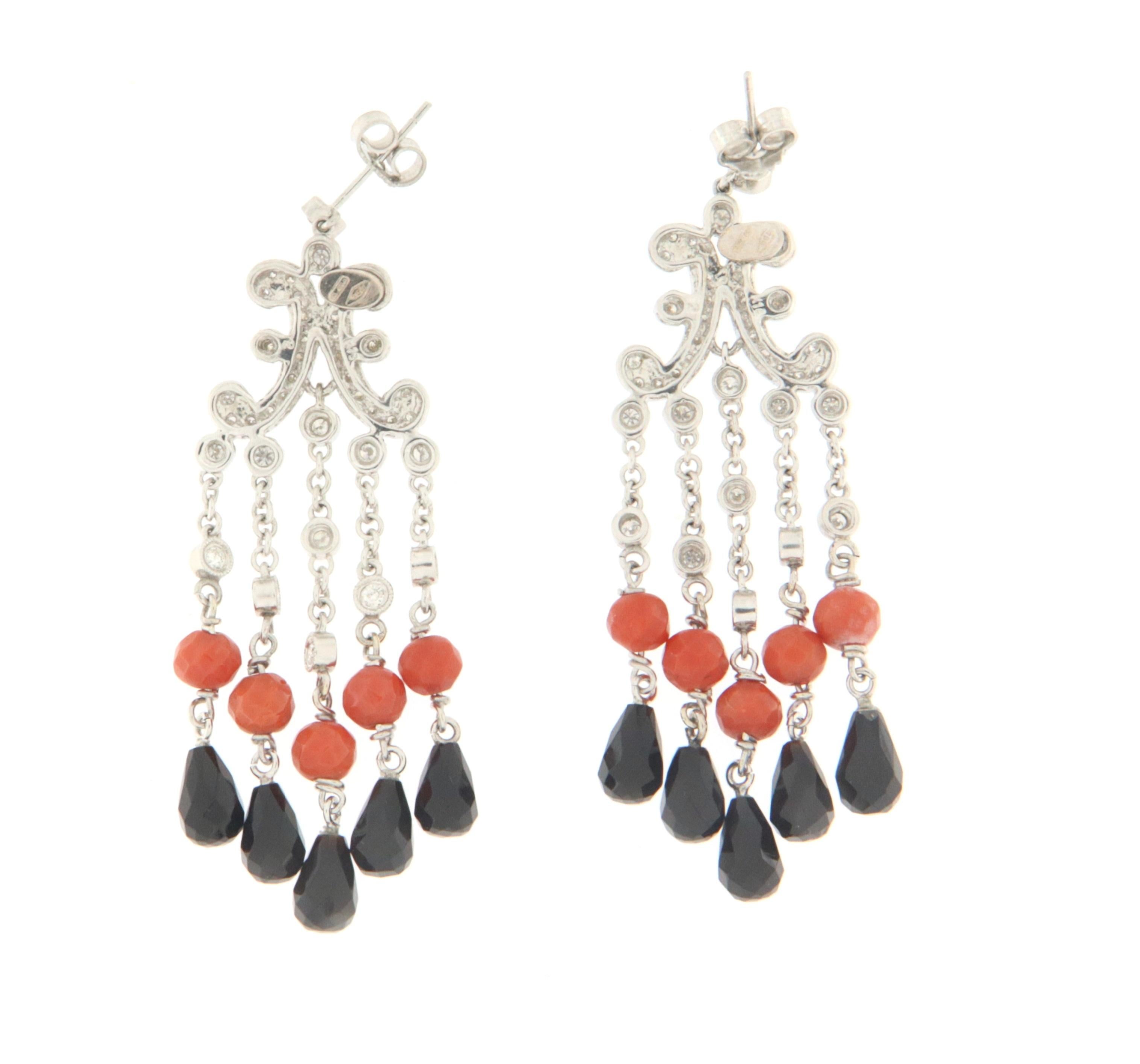 Brilliant Cut Diamonds Coral Onyx White Gold 18 Karat Drop Earrings For Sale