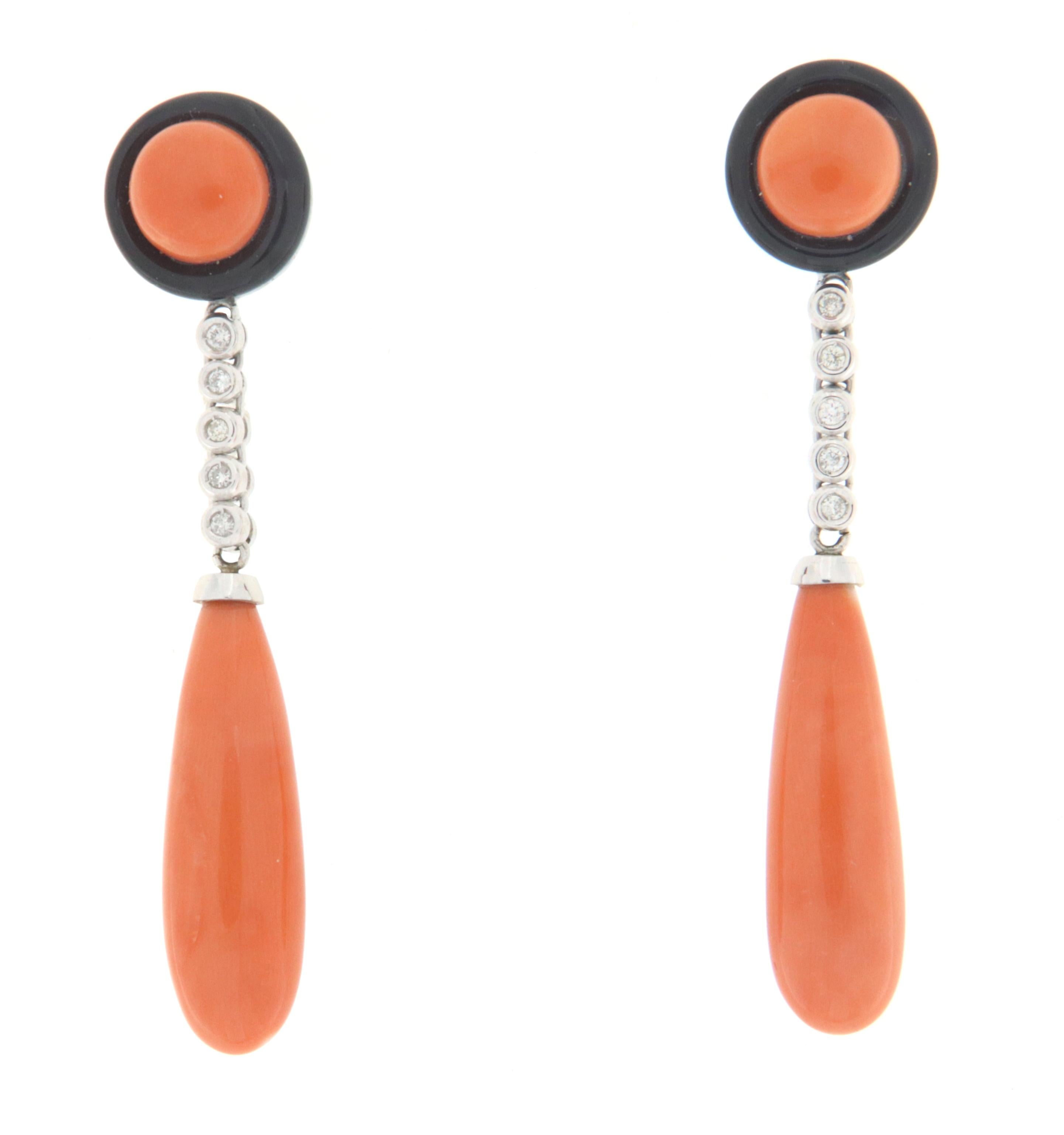 Diamonds Coral Onyx White Gold 18 Karat Drop Earrings In New Condition For Sale In Marcianise, IT