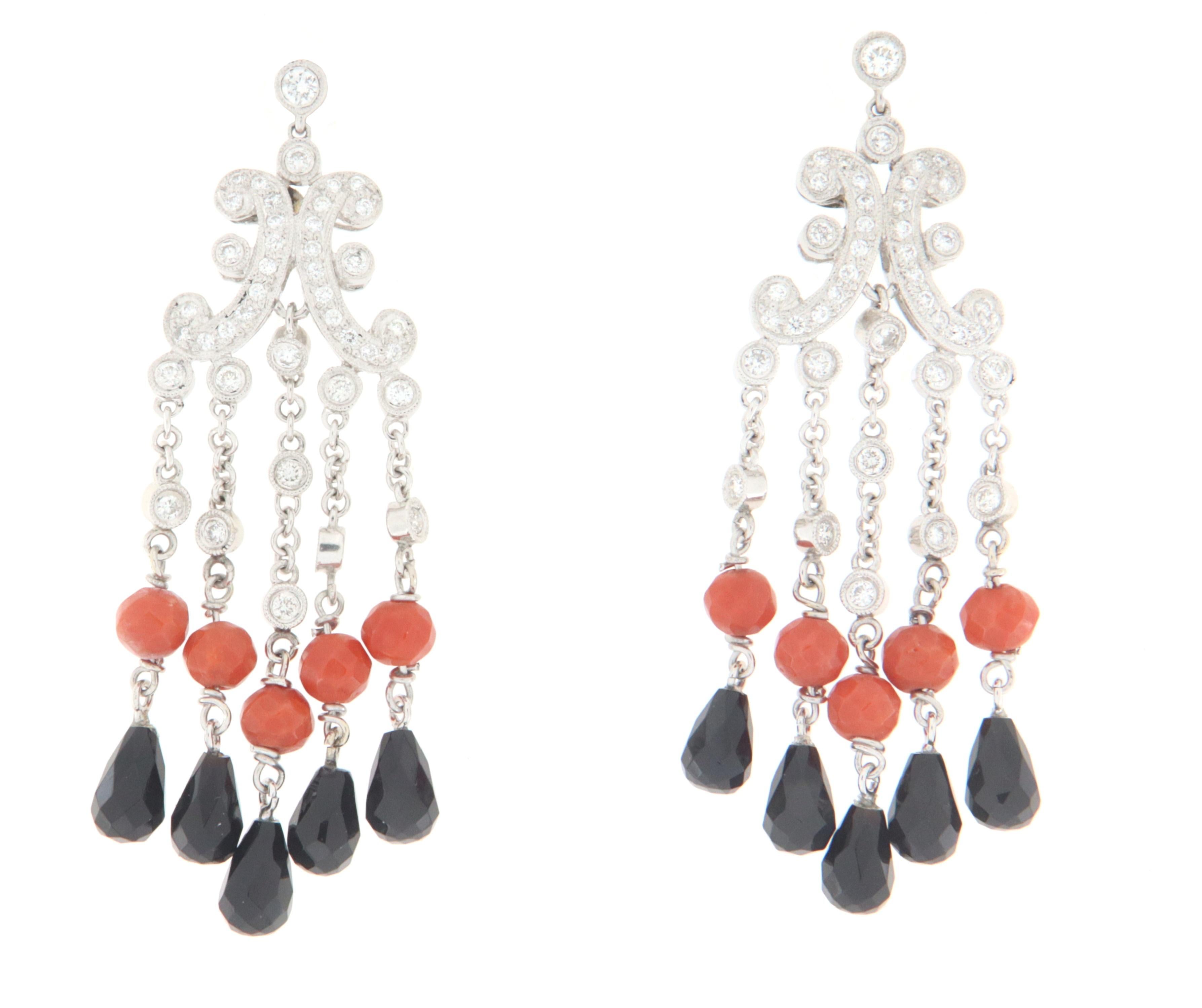 Diamonds Coral Onyx White Gold 18 Karat Drop Earrings In New Condition For Sale In Marcianise, IT