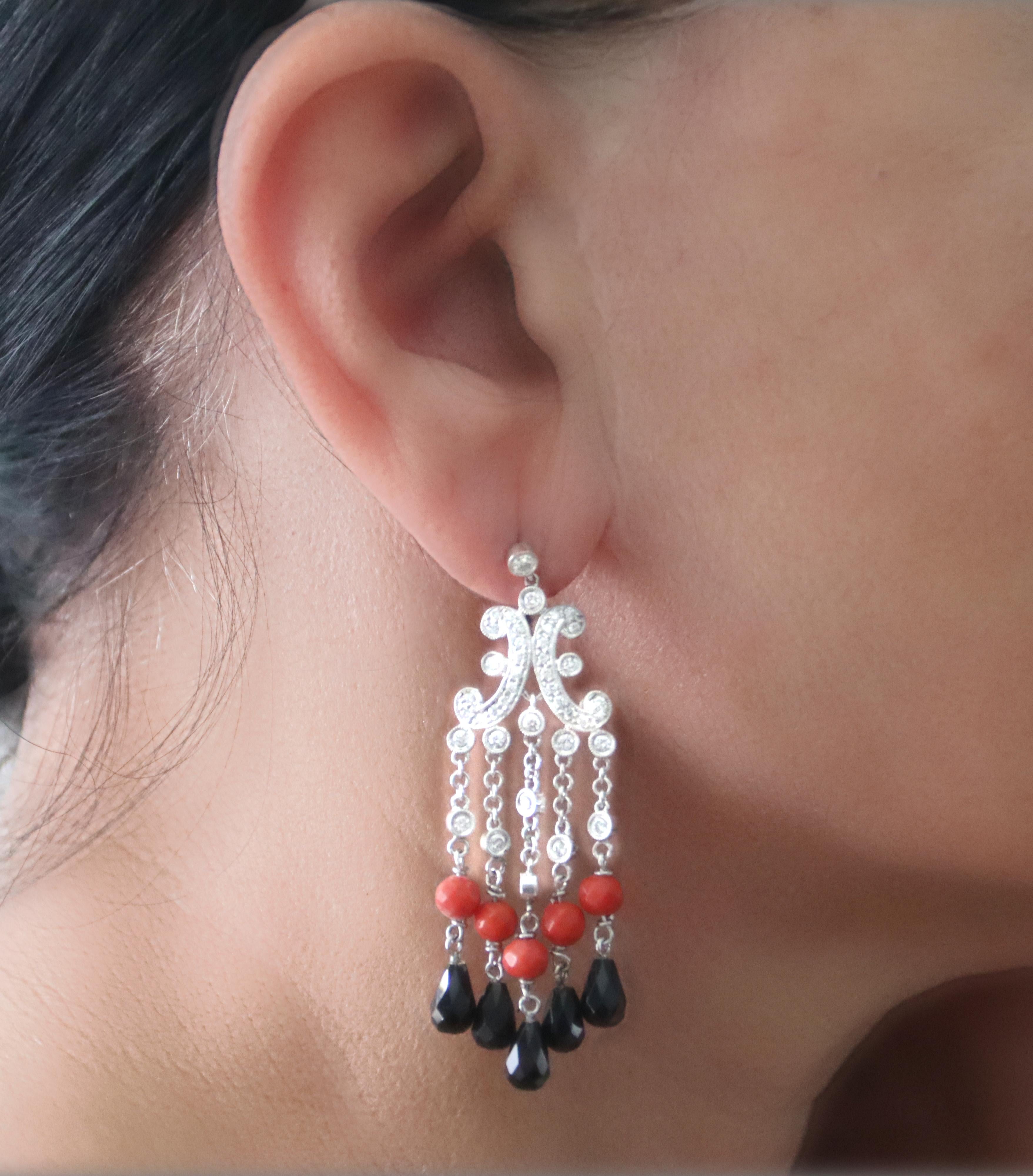 Diamonds Coral Onyx White Gold 18 Karat Drop Earrings For Sale 1