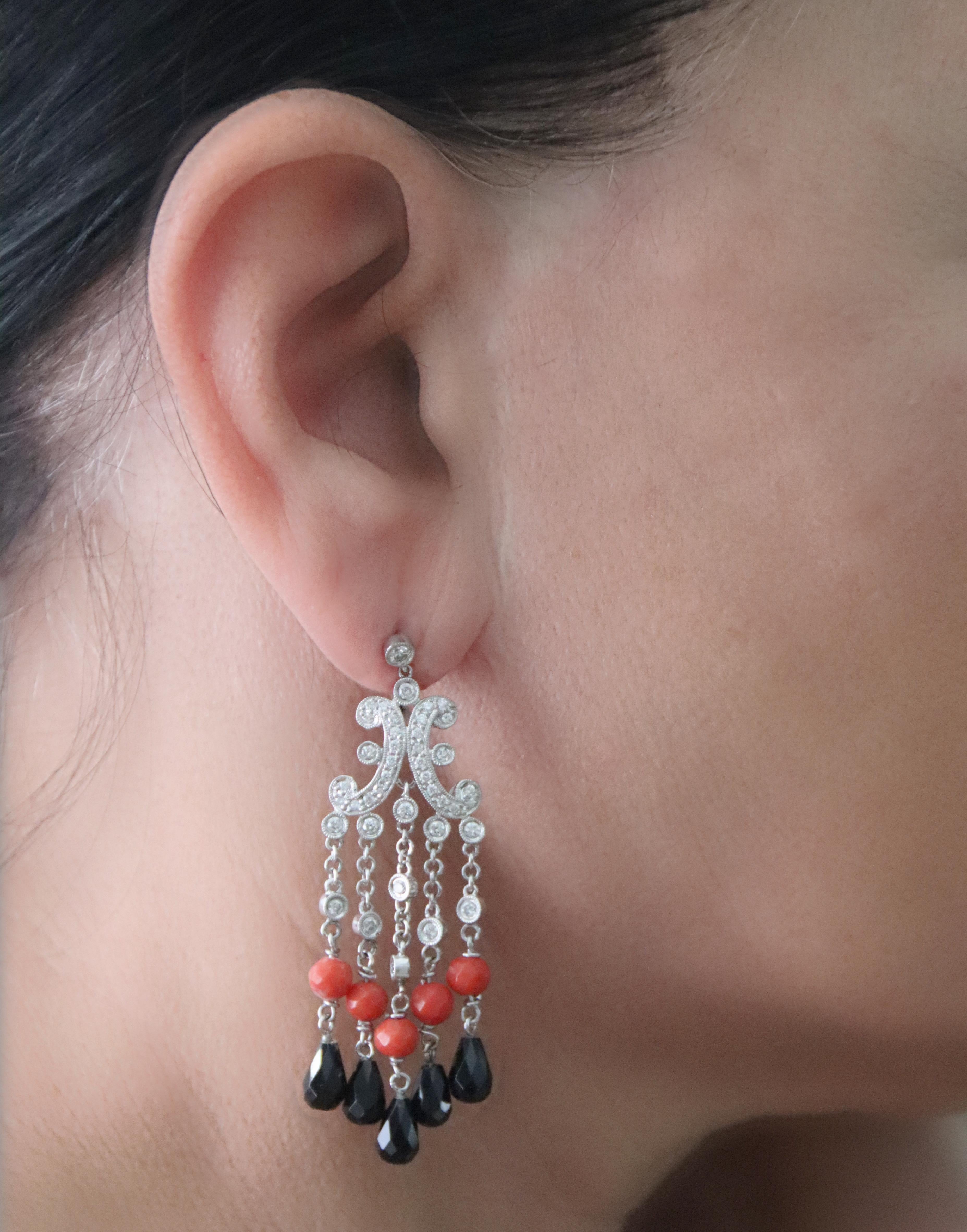 Diamonds Coral Onyx White Gold 18 Karat Drop Earrings For Sale 2