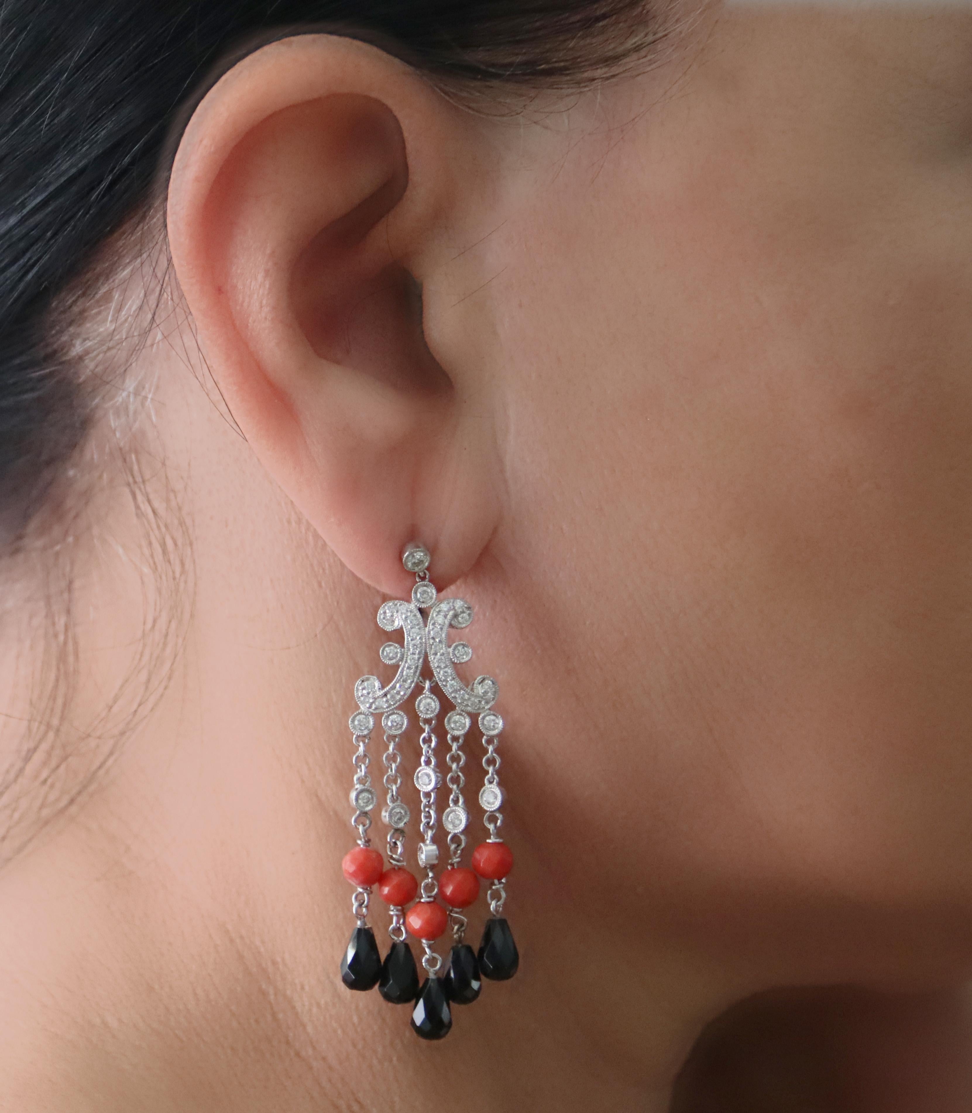 Diamonds Coral Onyx White Gold 18 Karat Drop Earrings For Sale 3