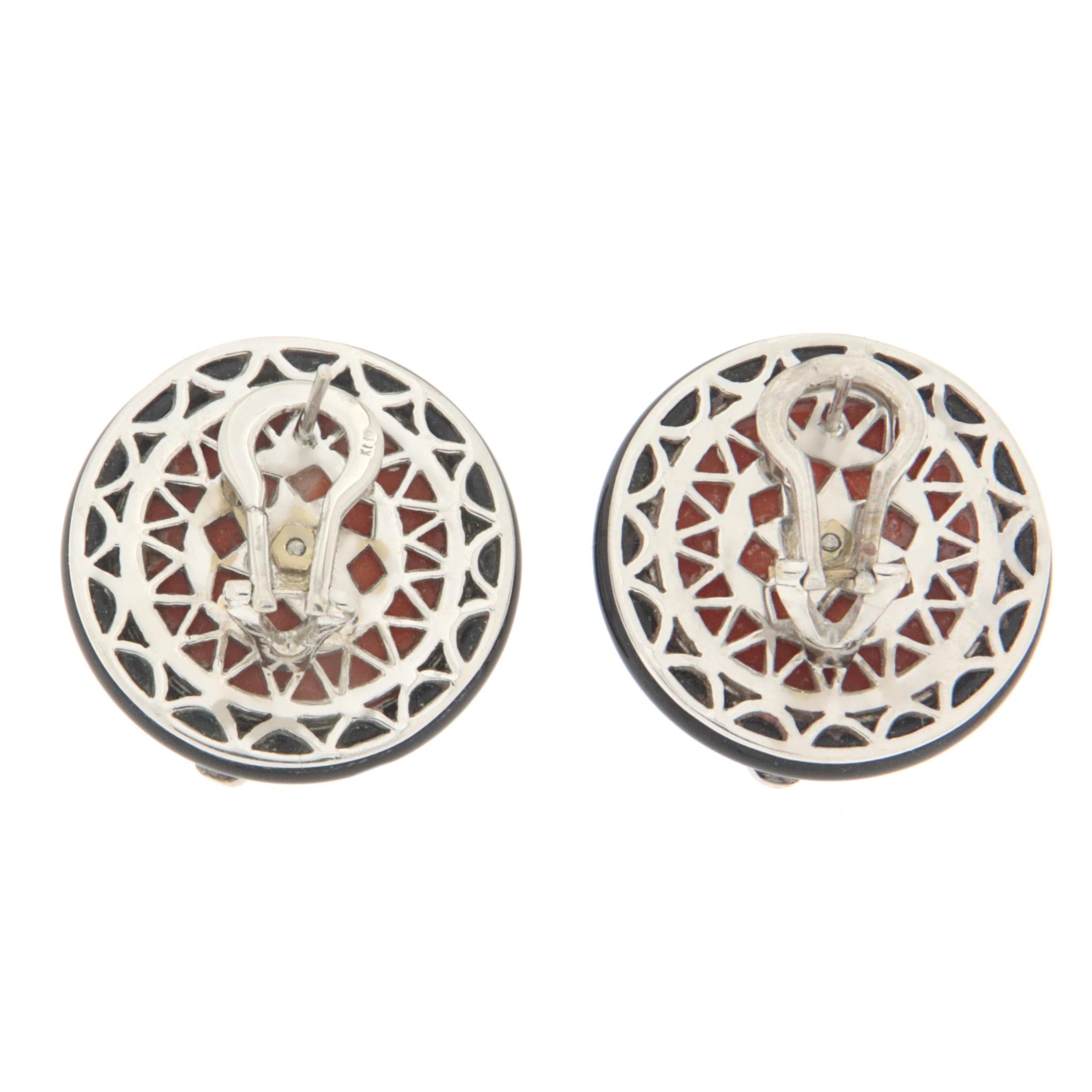 Women's Diamonds Coral Onyx White Gold 18 Karat Stud Earrings For Sale