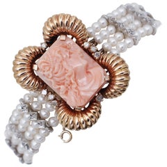 Diamonds, Coral, Pearls, 14 Karat White and Rose Gold Beaded Bracelet