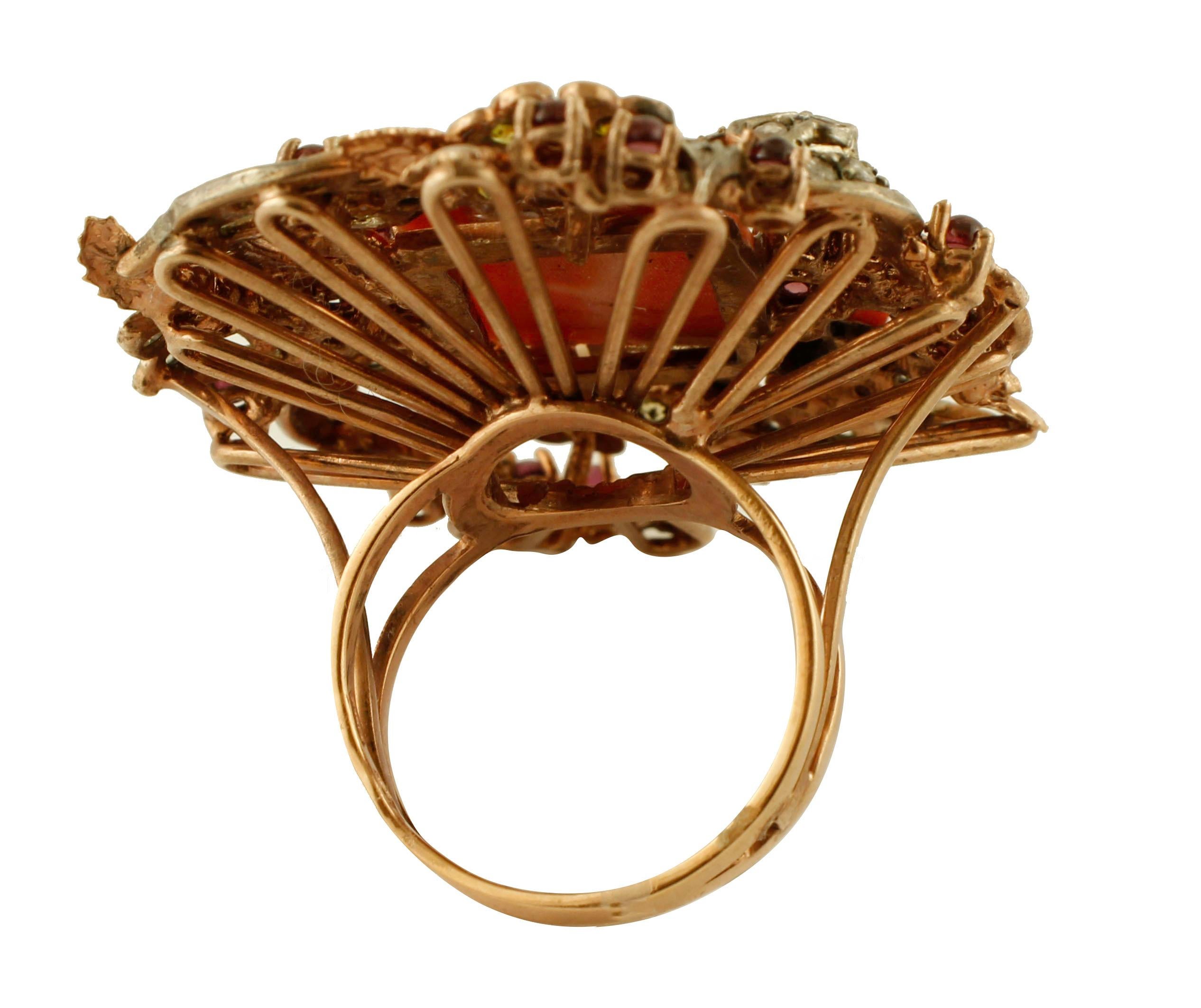 Retro Diamond, Engraved  Coral, Pearls, Yellow Stones, Garnets, Gold/Silver Ring For Sale