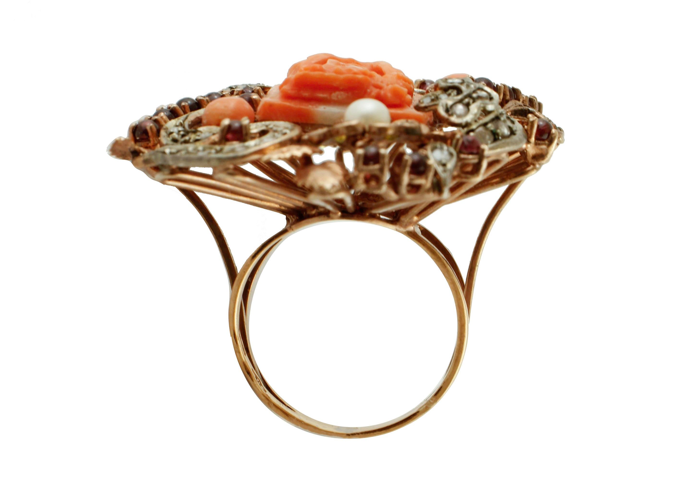 Mixed Cut Diamond, Engraved  Coral, Pearls, Yellow Stones, Garnets, Gold/Silver Ring For Sale