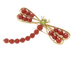 Artisan 18K Yellow Gold Butterfly Brooch with Coral and Peridot, Italy