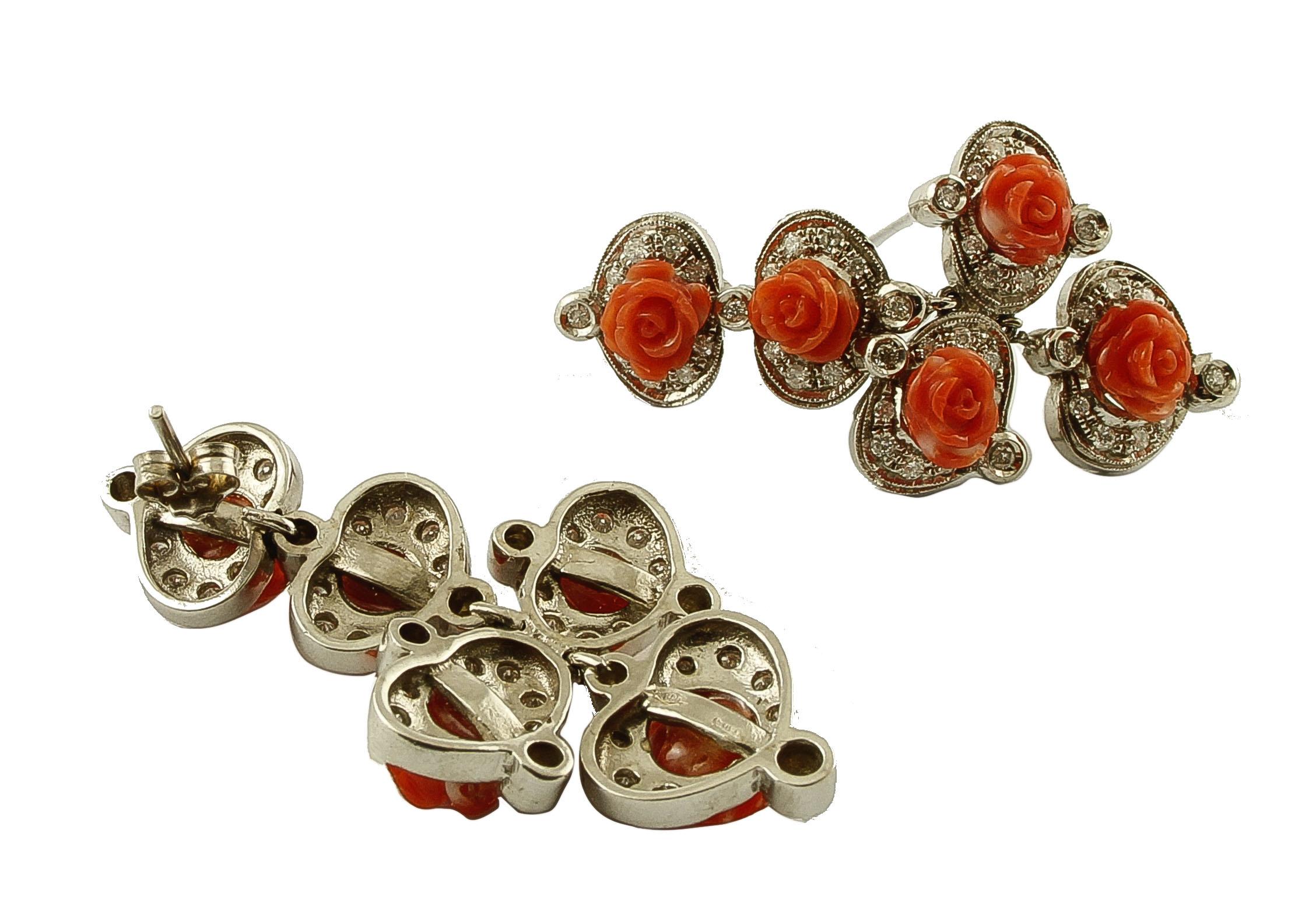 Retro Diamonds, Red Coral Flowers, 14 Karat White Gold Retrò Dangle Earrings For Sale
