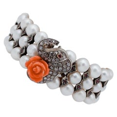 Diamonds, Coral, Rubies, Pearls, 9 Karat Rose Gold and Silver Beaded Bracelet