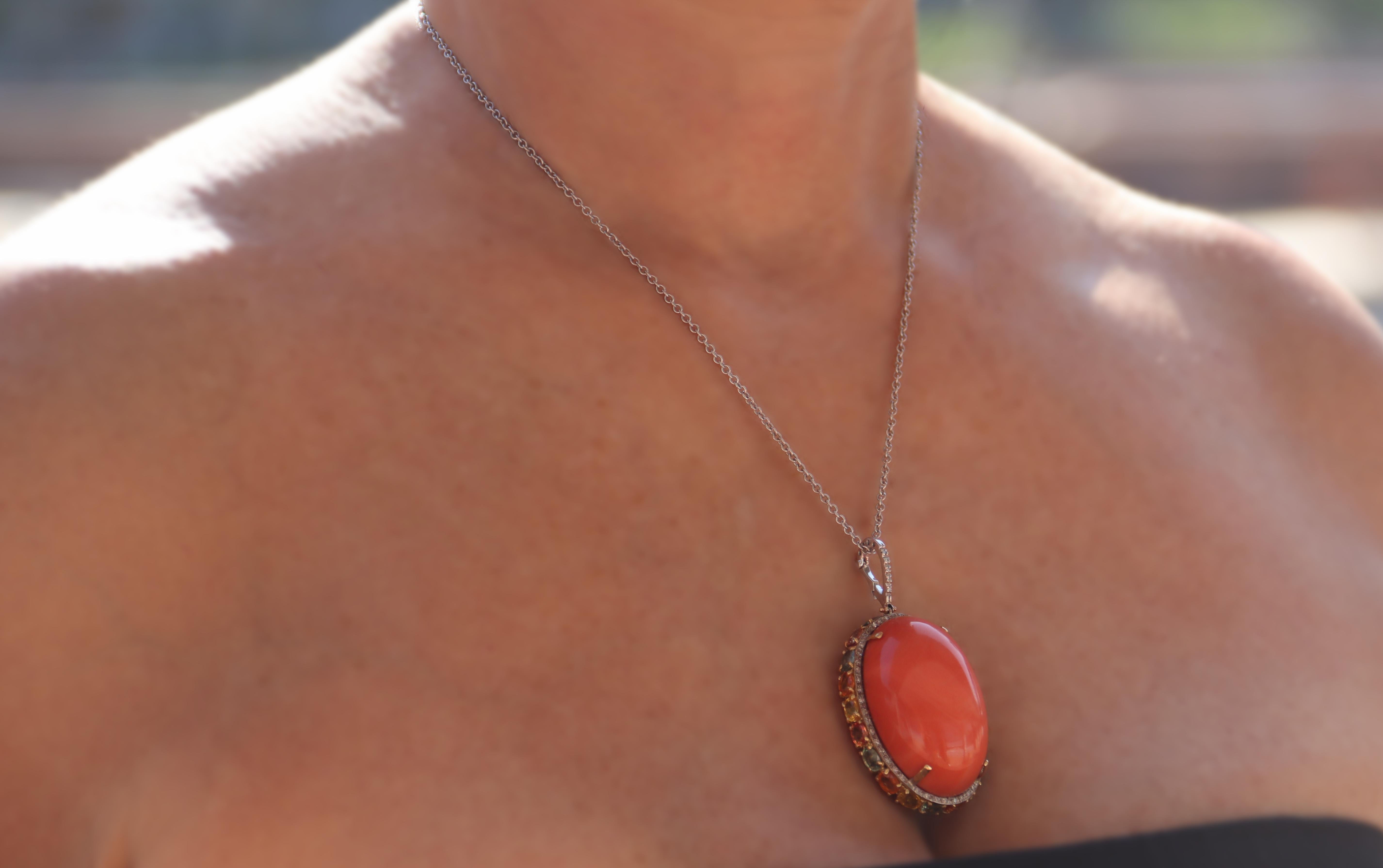 Diamonds Coral Sapphires 18 Karat White And Yellow Gold Pendant Necklace For Sale 4