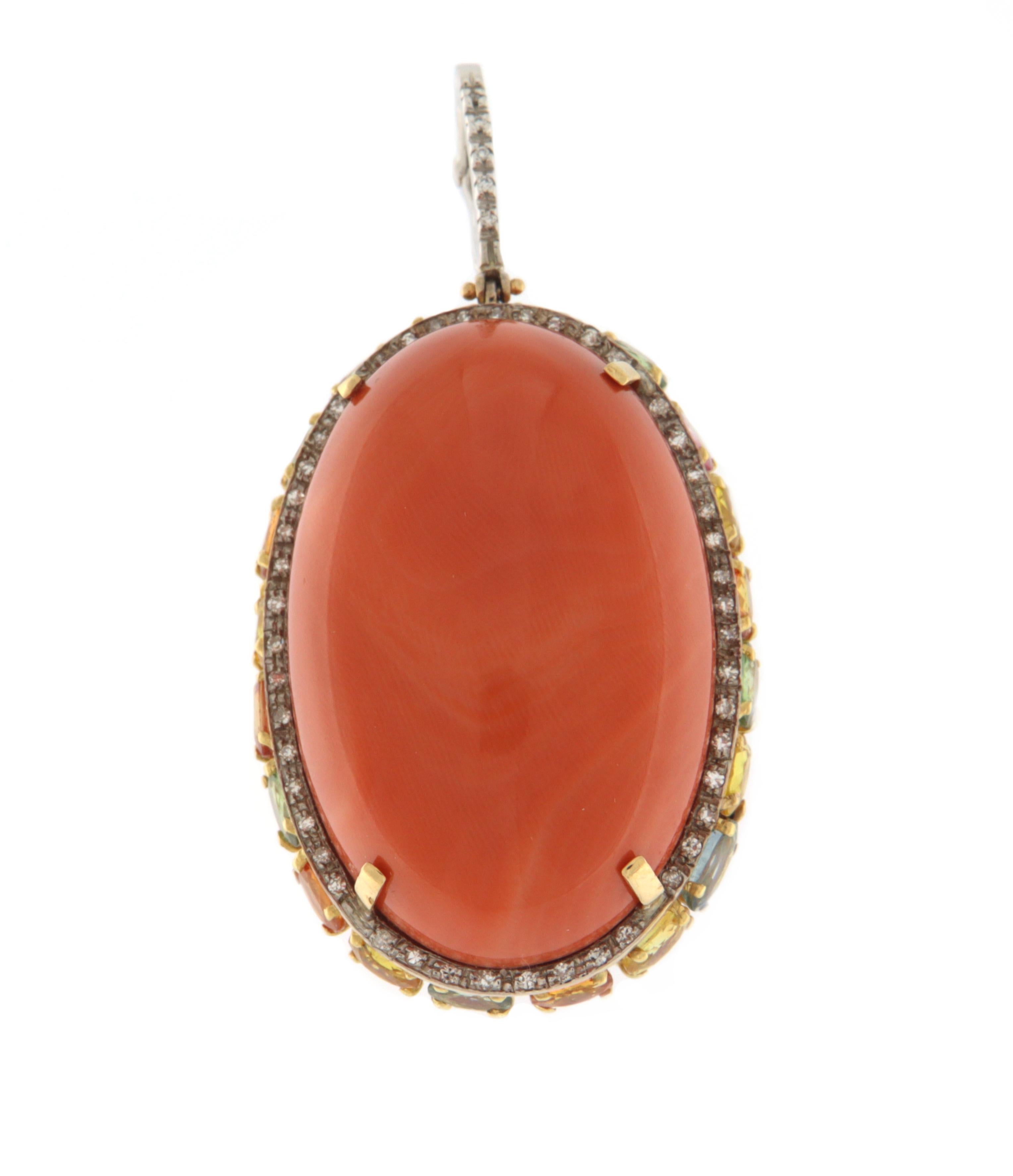 Artisan Diamonds Coral Sapphires 18 Karat White And Yellow Gold Pendant Necklace For Sale