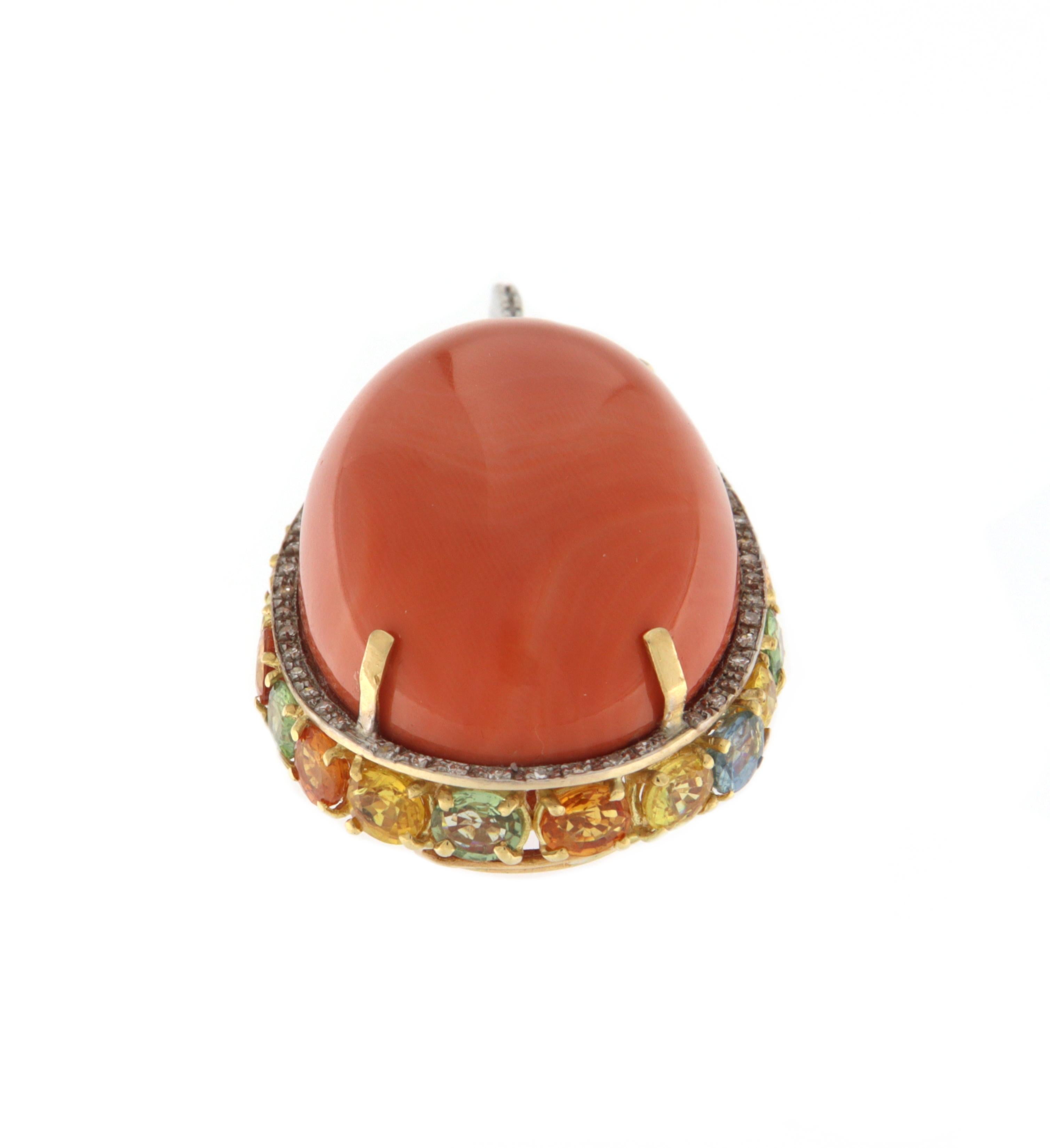 Brilliant Cut Diamonds Coral Sapphires 18 Karat White And Yellow Gold Pendant Necklace For Sale