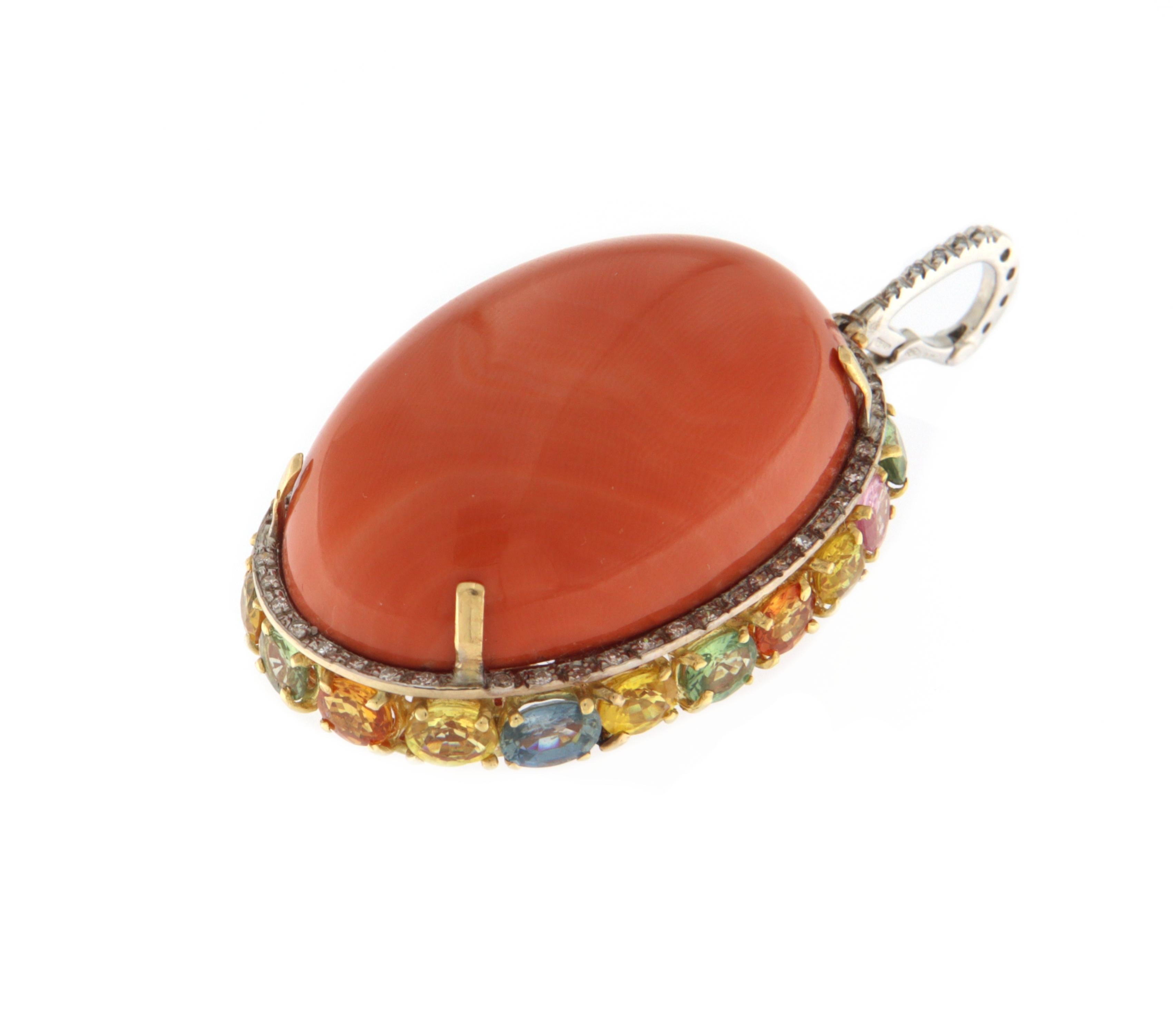 Diamonds Coral Sapphires 18 Karat White And Yellow Gold Pendant Necklace In New Condition For Sale In Marcianise, IT