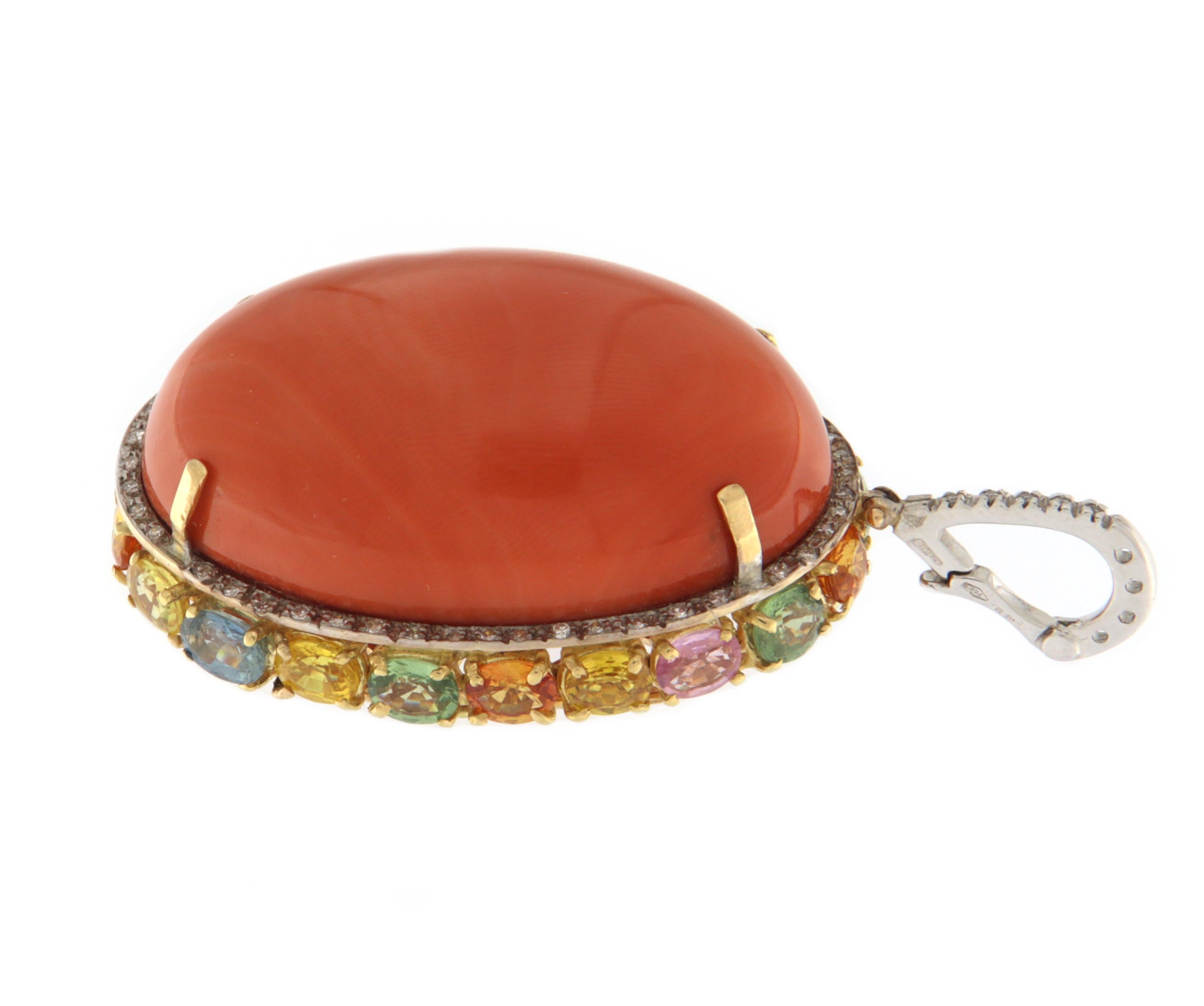 Women's Diamonds Coral Sapphires 18 Karat White And Yellow Gold Pendant Necklace For Sale