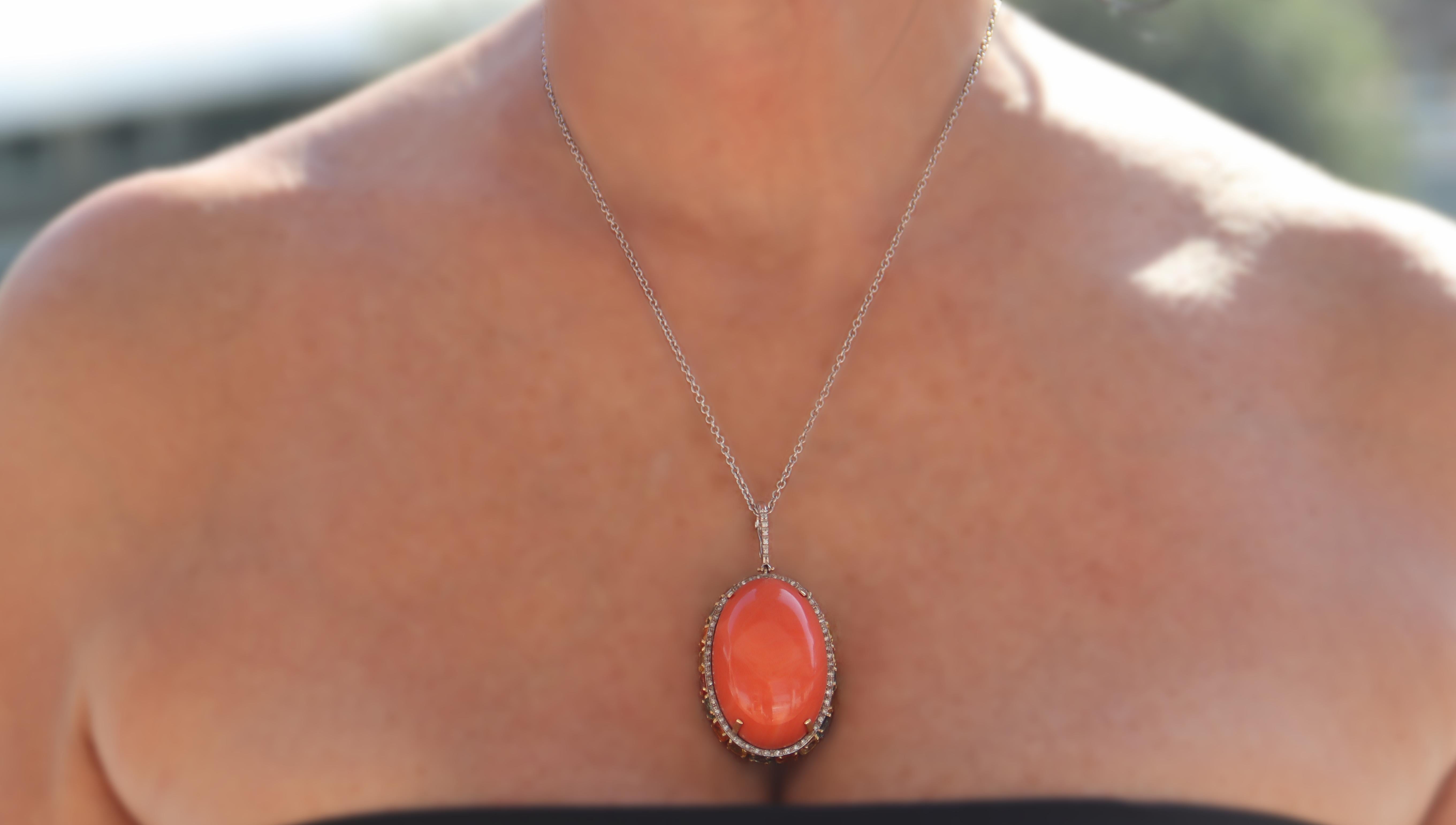 Diamonds Coral Sapphires 18 Karat White And Yellow Gold Pendant Necklace For Sale 2