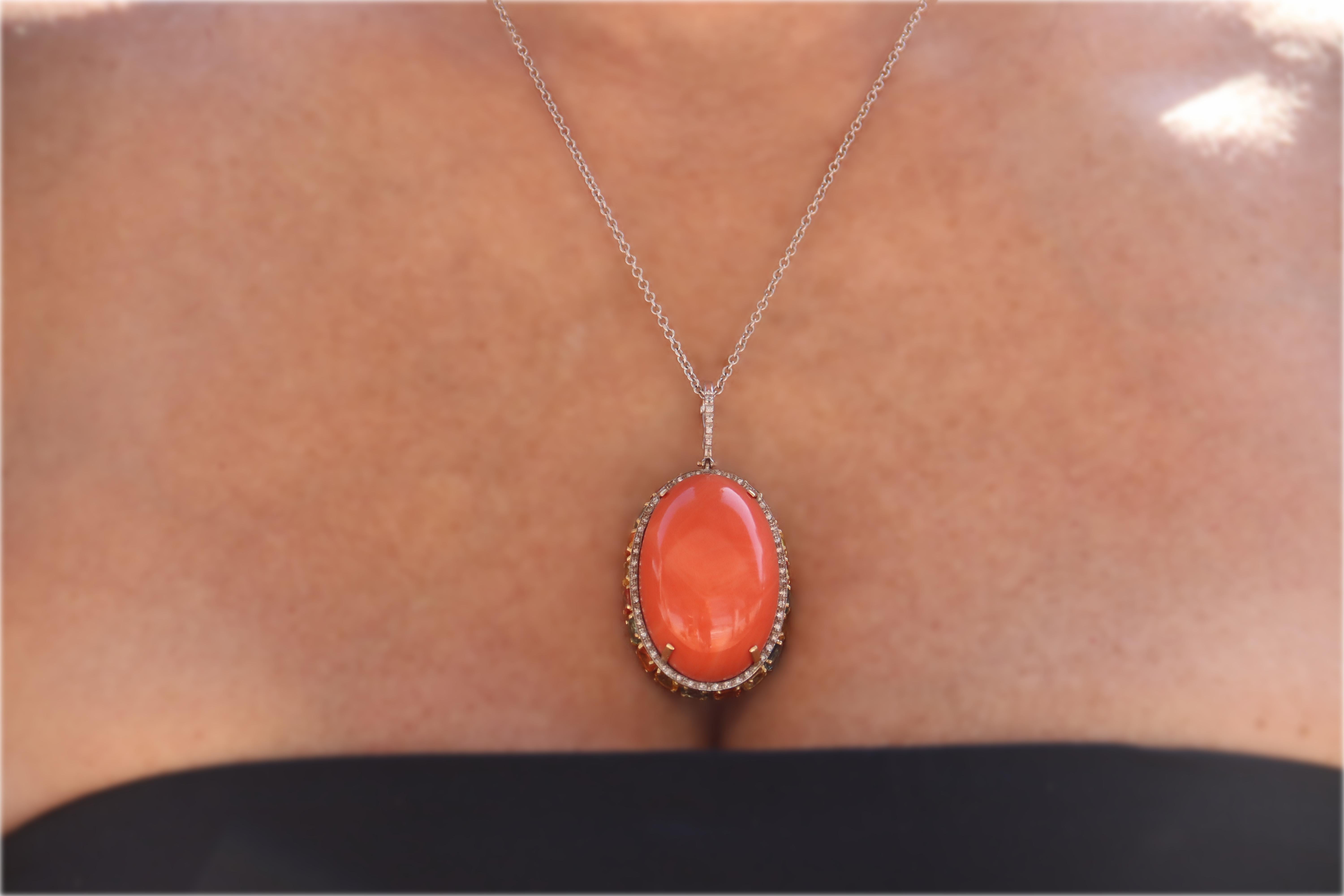Diamonds Coral Sapphires 18 Karat White And Yellow Gold Pendant Necklace For Sale 3