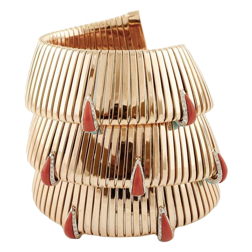 Diamonds, Coral, Turquoise, 14 Karat  Rose Gold Reverse Bracelet