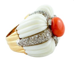 Diamonds, Coral, White Agate, Yellow and White Gold Fashion Ring