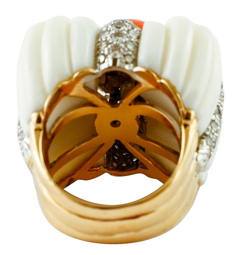 Retro Diamonds, Coral, White Agate, Yellow and White Gold Fashion Ring