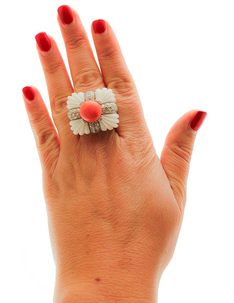 Mixed Cut Diamonds, Coral, White Agate, Yellow and White Gold Fashion Ring