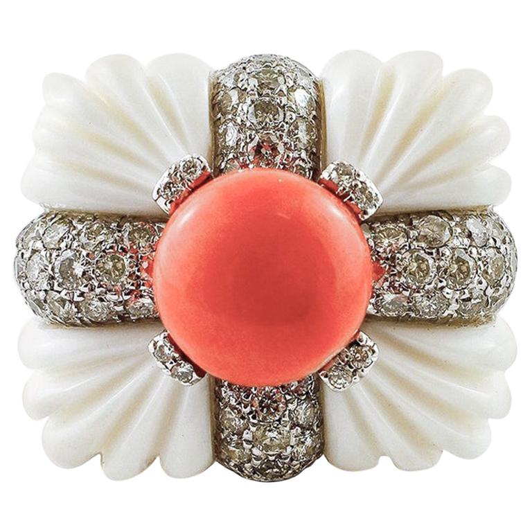 Diamonds, Coral, White Agate, Yellow and White Gold Fashion Ring
