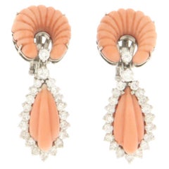Retro Diamonds Coral White Gold 14 Karat Drop Earrings