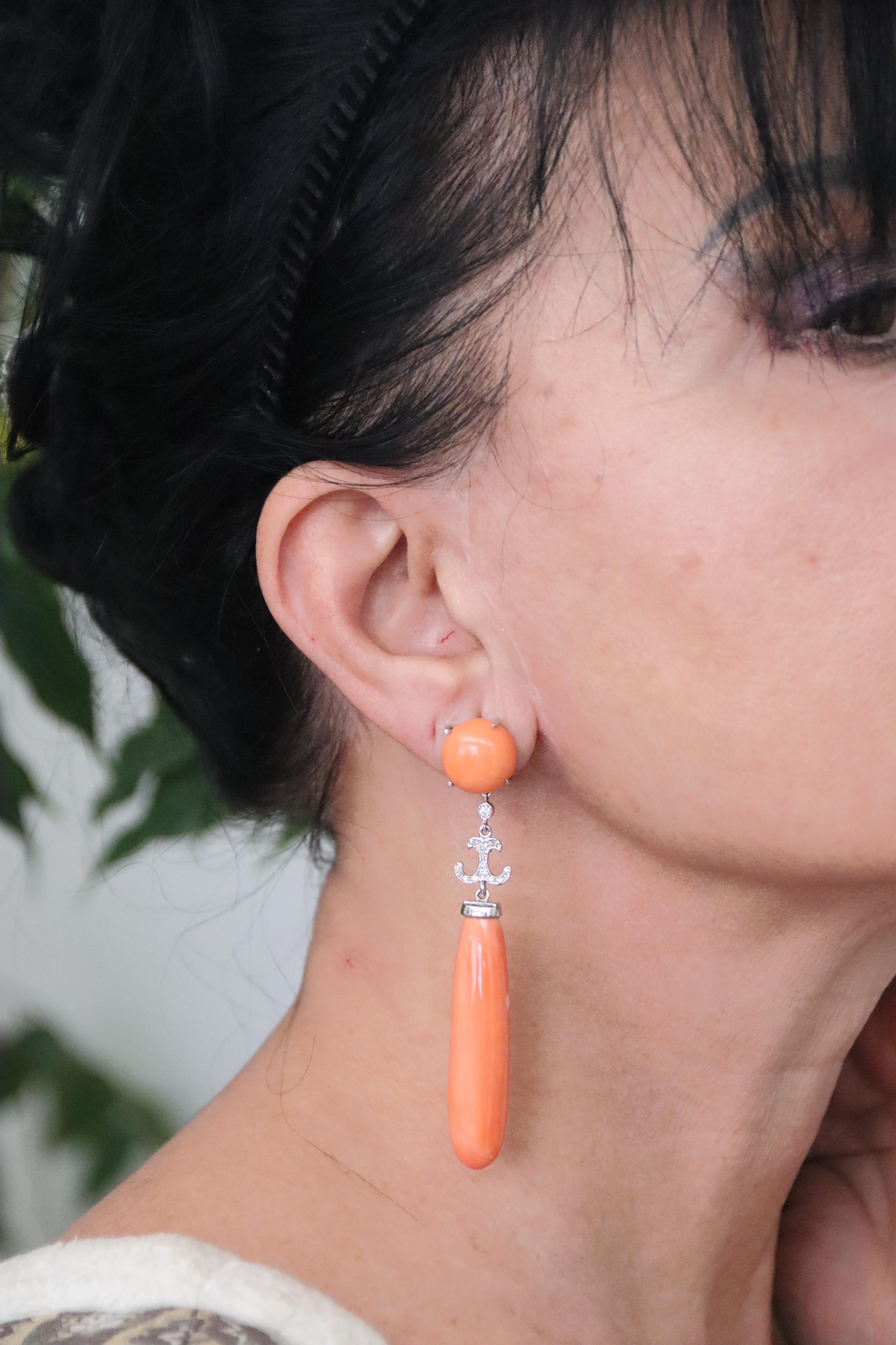 Diamonds Coral White Gold 18 Karat Drop Earrings In Excellent Condition In Marcianise, IT