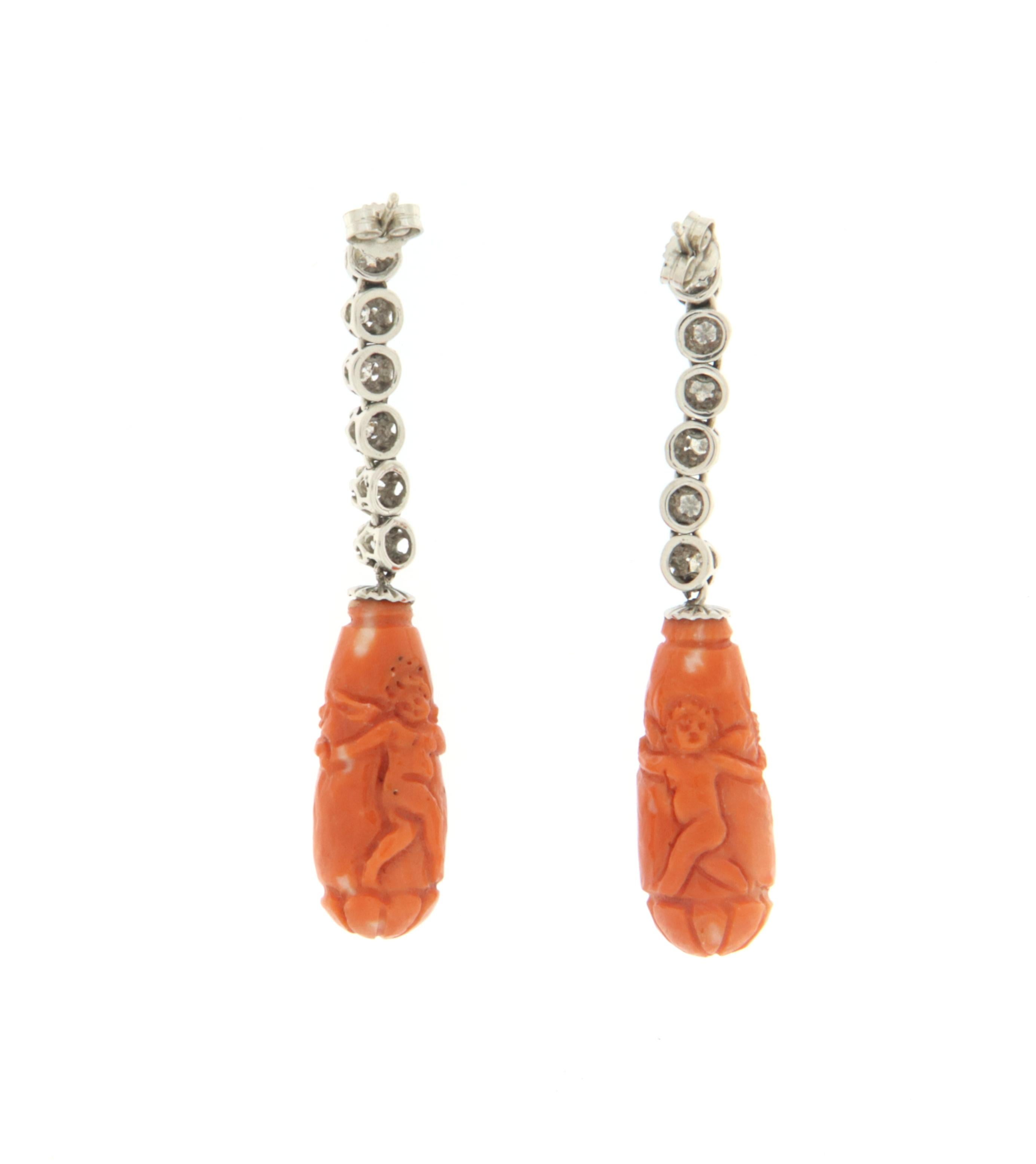 Baroque Diamonds Coral White Gold Drop Earrings For Sale