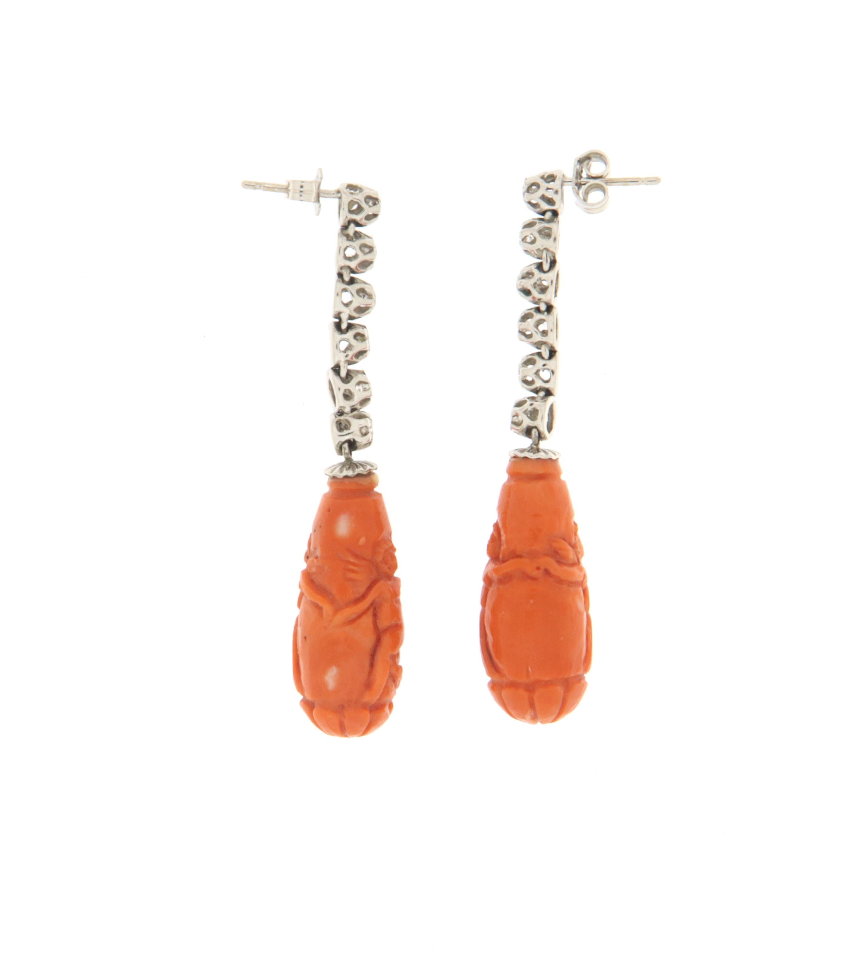 Round Cut Diamonds Coral White Gold Drop Earrings For Sale