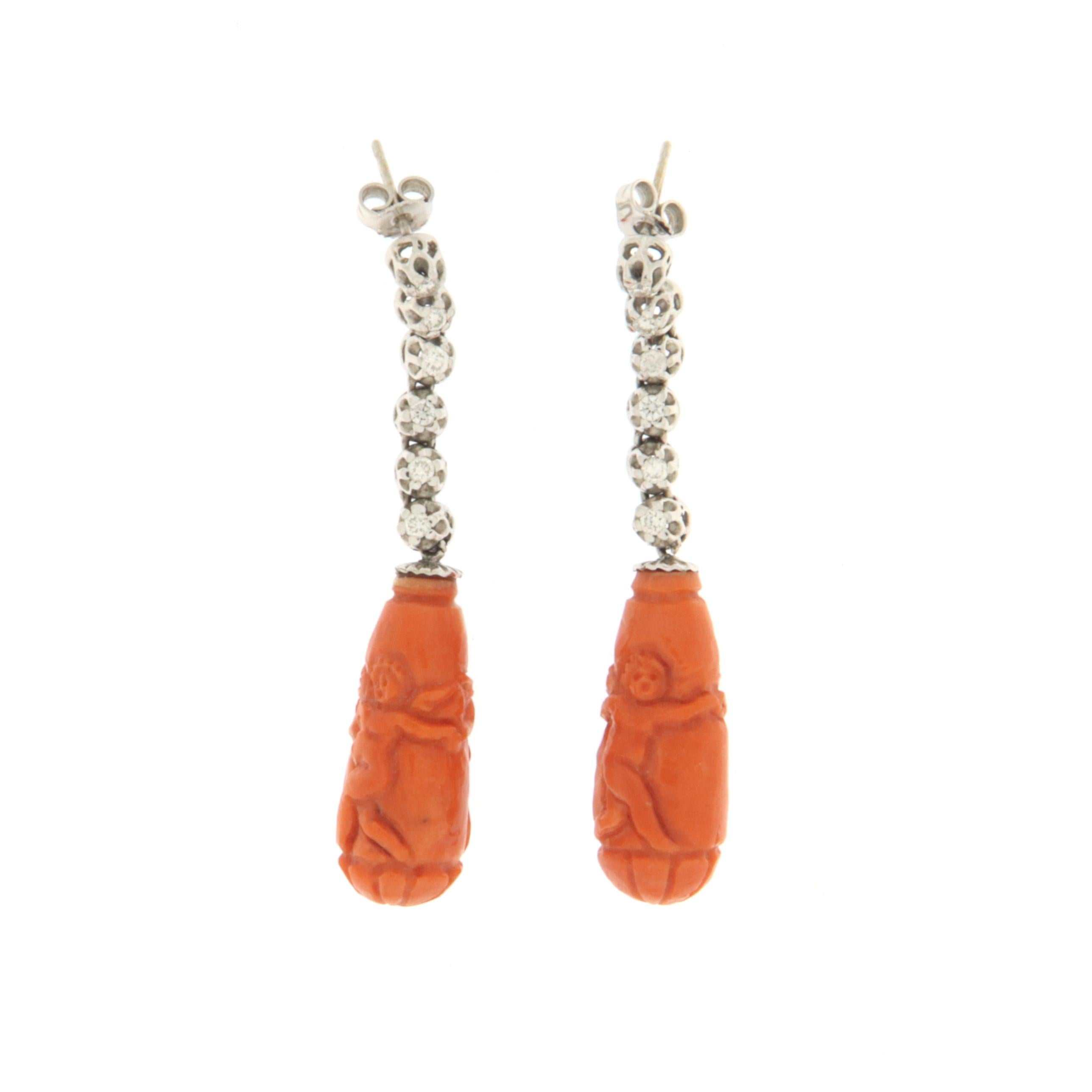 Koralle Weißgold-Tropfen-Ohrringe mit Diamanten Damen im Angebot