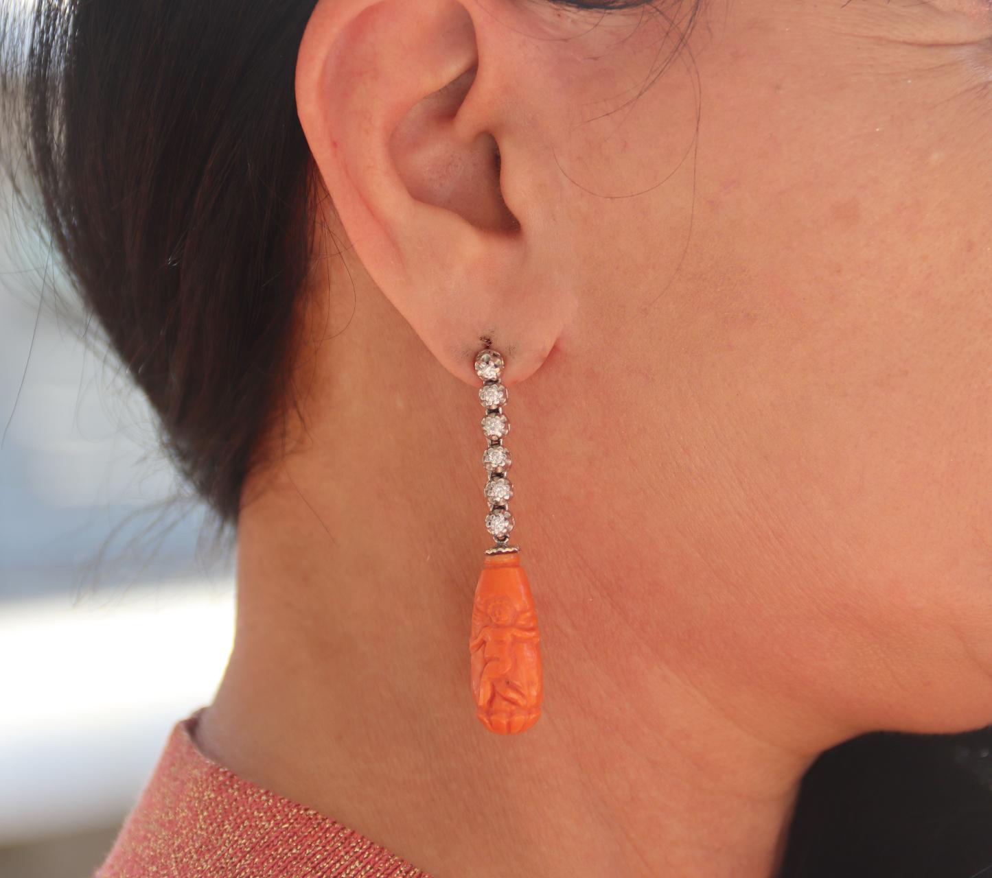 Diamonds Coral White Gold Drop Earrings For Sale 1