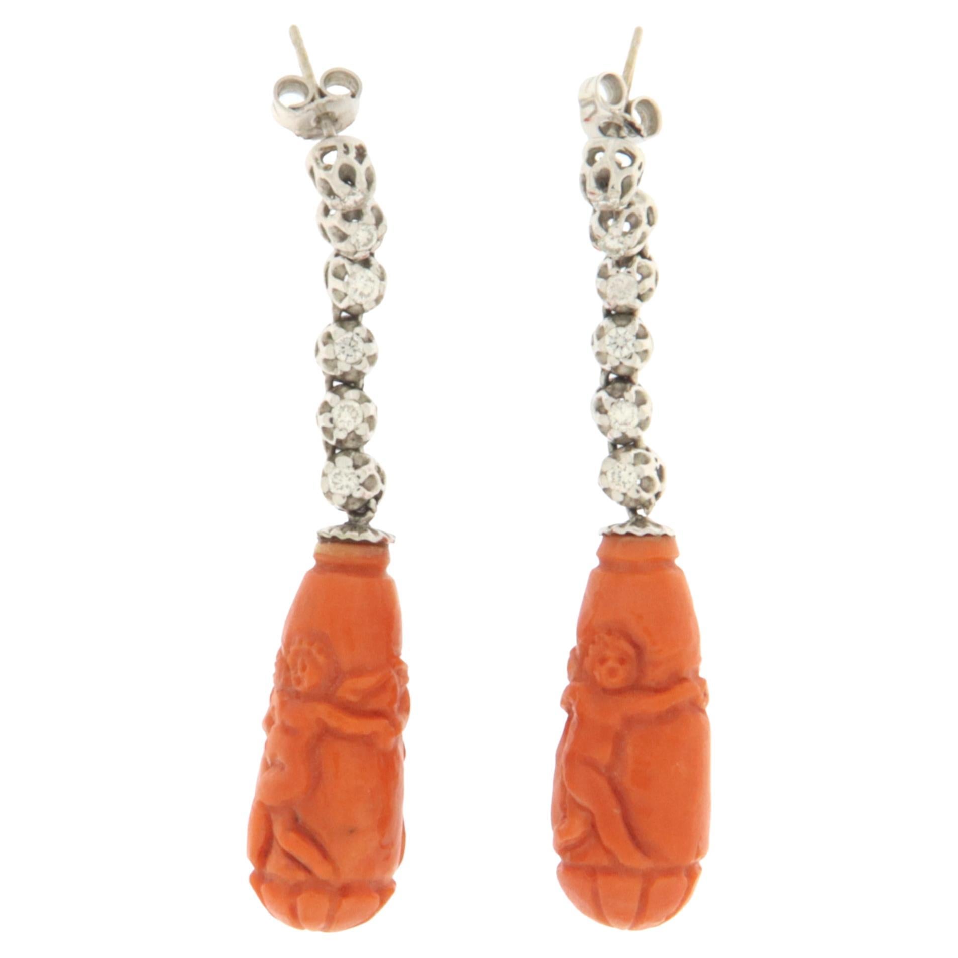 Diamonds Coral White Gold Drop Earrings For Sale