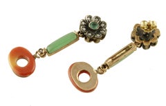 Diamonds, Red Coral, Emeralds, Jade Rose Gold and Silver Earrings
