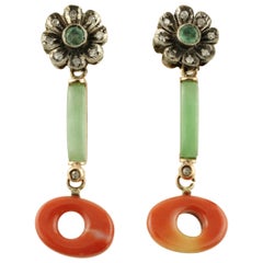 Diamonds, Red Coral, Emeralds, Jade Rose Gold and Silver Earrings