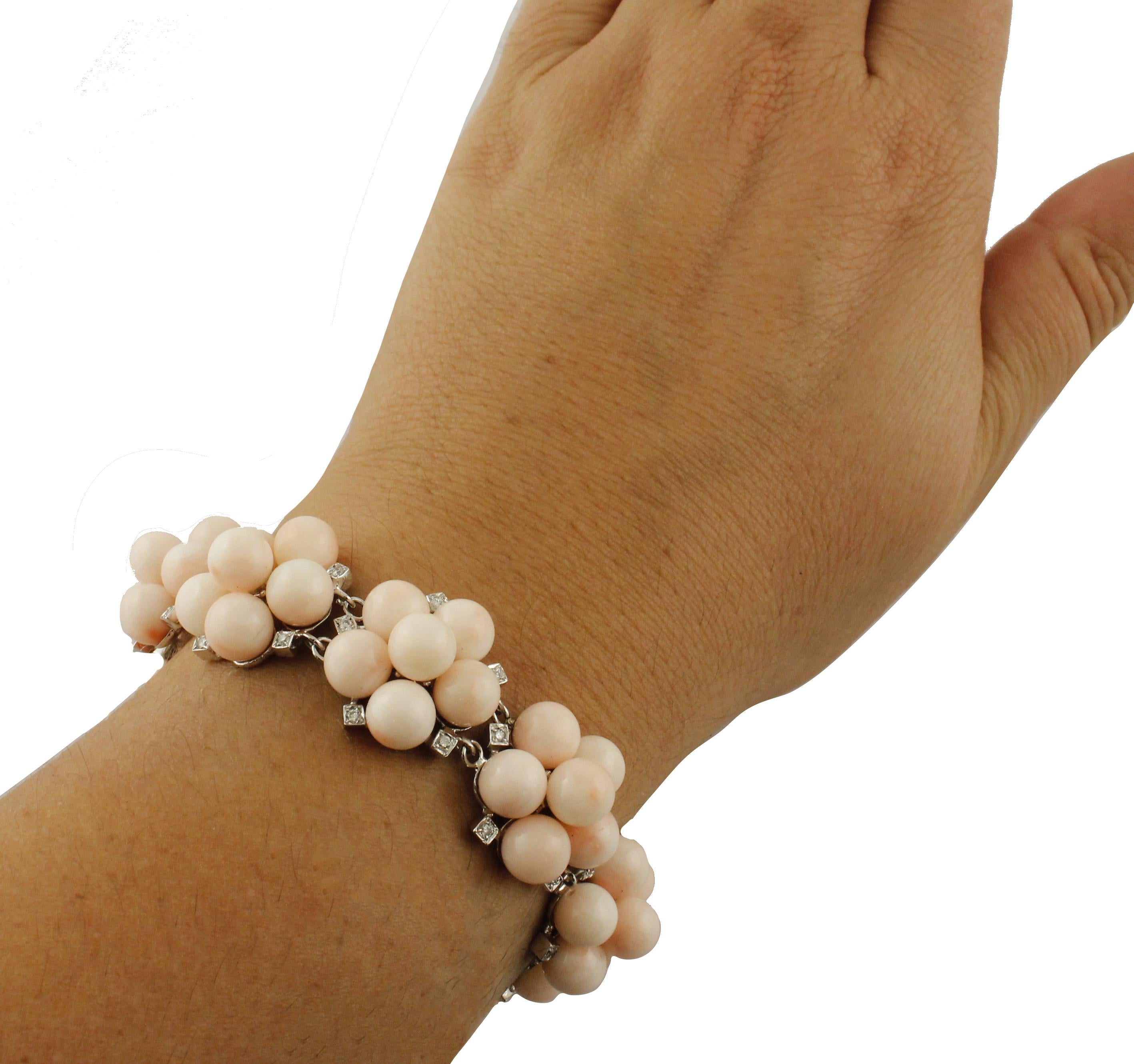 Mixed Cut Diamonds, Pink Spheres Corals, White Gold, Flower Shape Bracelet For Sale