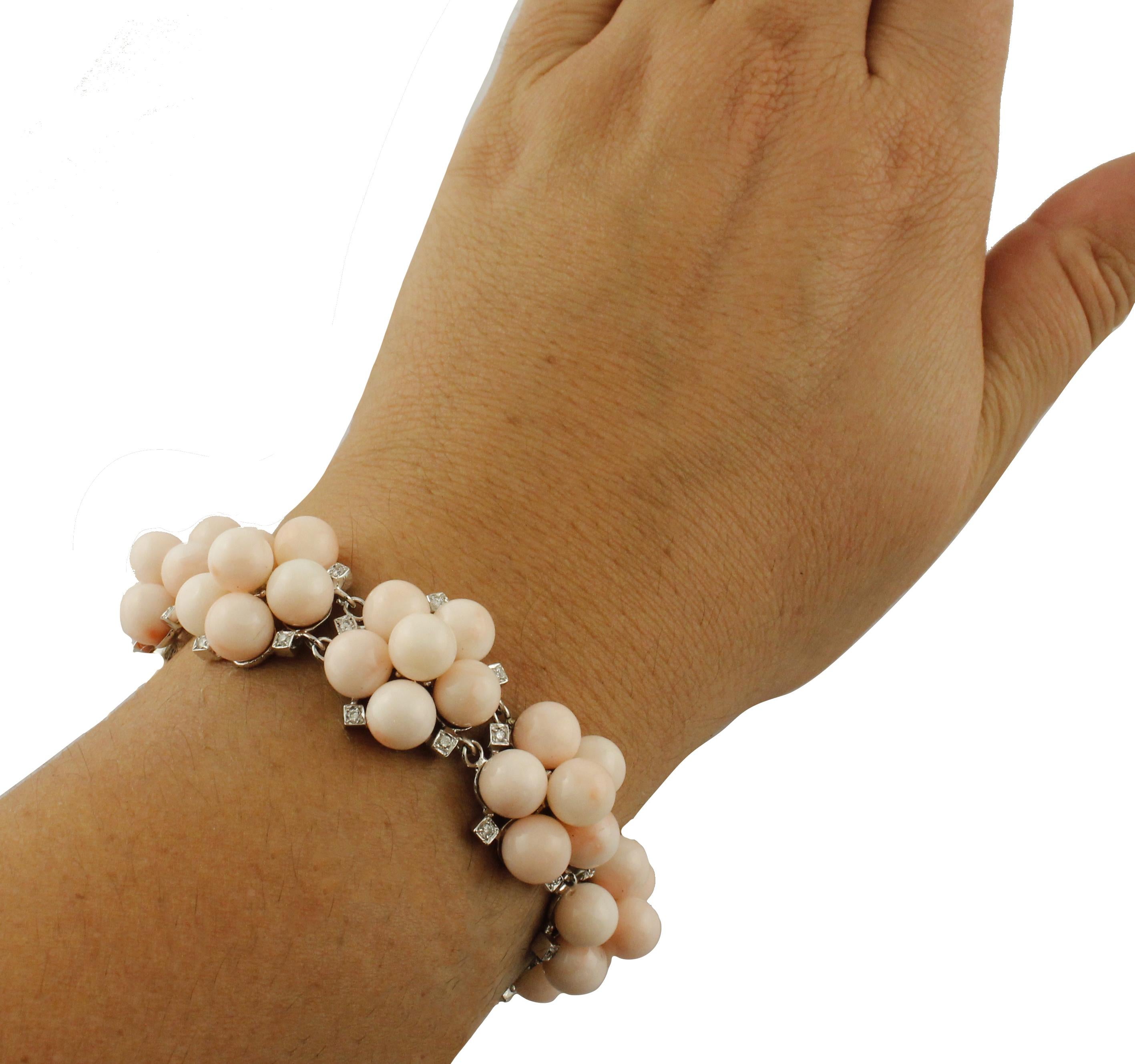 Mixed Cut Diamonds, Pink Spheres Corals, White Gold, Flower Shape Bracelet