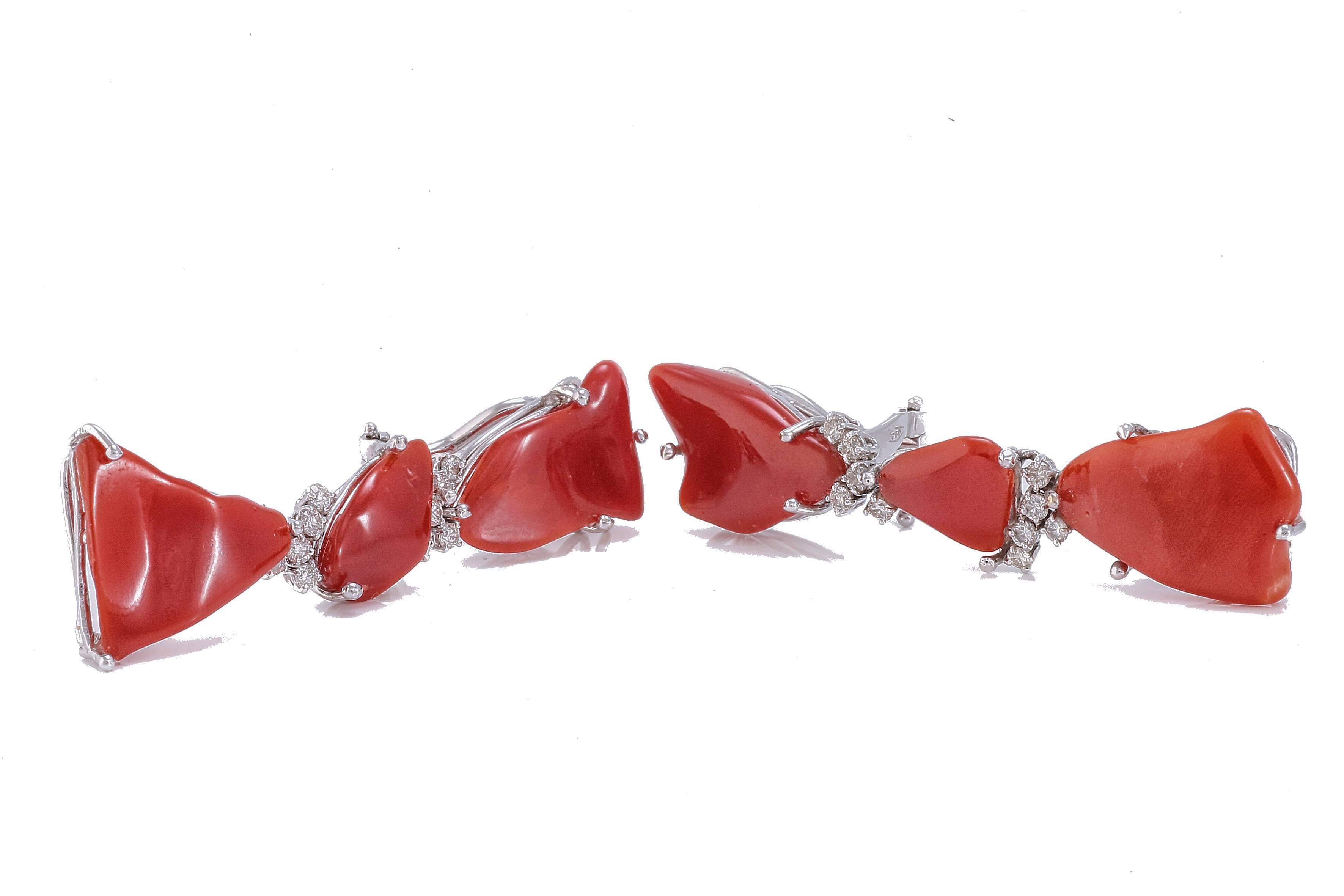Modern White Diamonds, Red Coral, 18K White Gold Clip-on Fashion Design Earrings