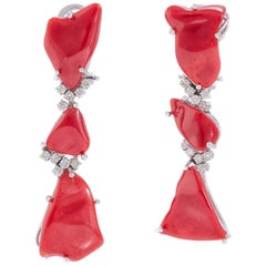 White Diamonds, Red Coral, 18K White Gold Clip-on Fashion Design Earrings