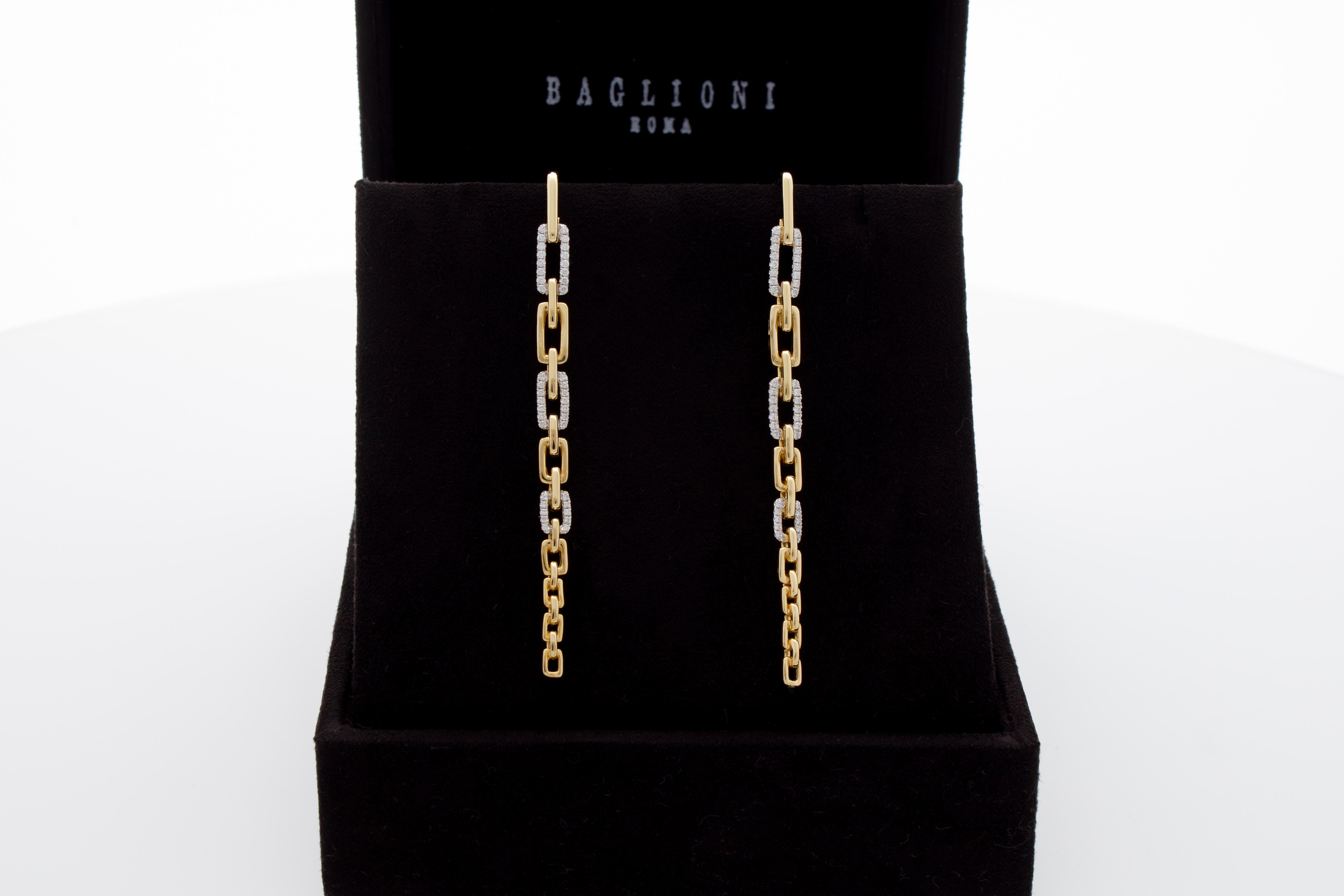 Contemporary Diamonds Ct 0.35 Pendant Earrings with Rectangular Links 18k Gold Made in Italy For Sale
