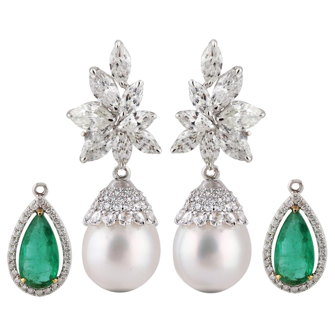 Diamonds Earrings in 18K Gold with Changeable Drops of Emeralds and Pearls
