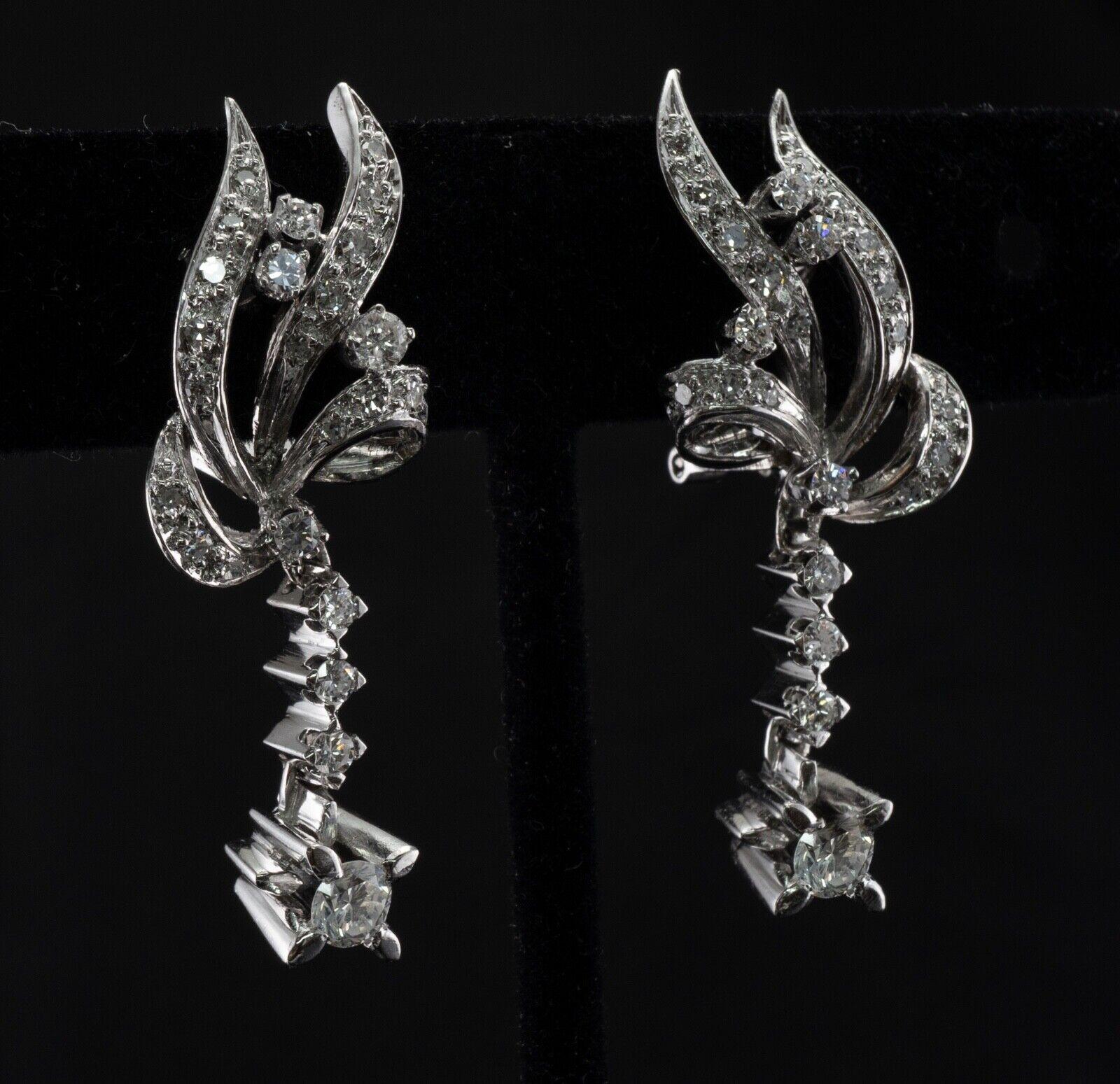 Diamonds Earrings 18K White Gold Floral Dangle 1.68 TDW Vintage For Sale 2