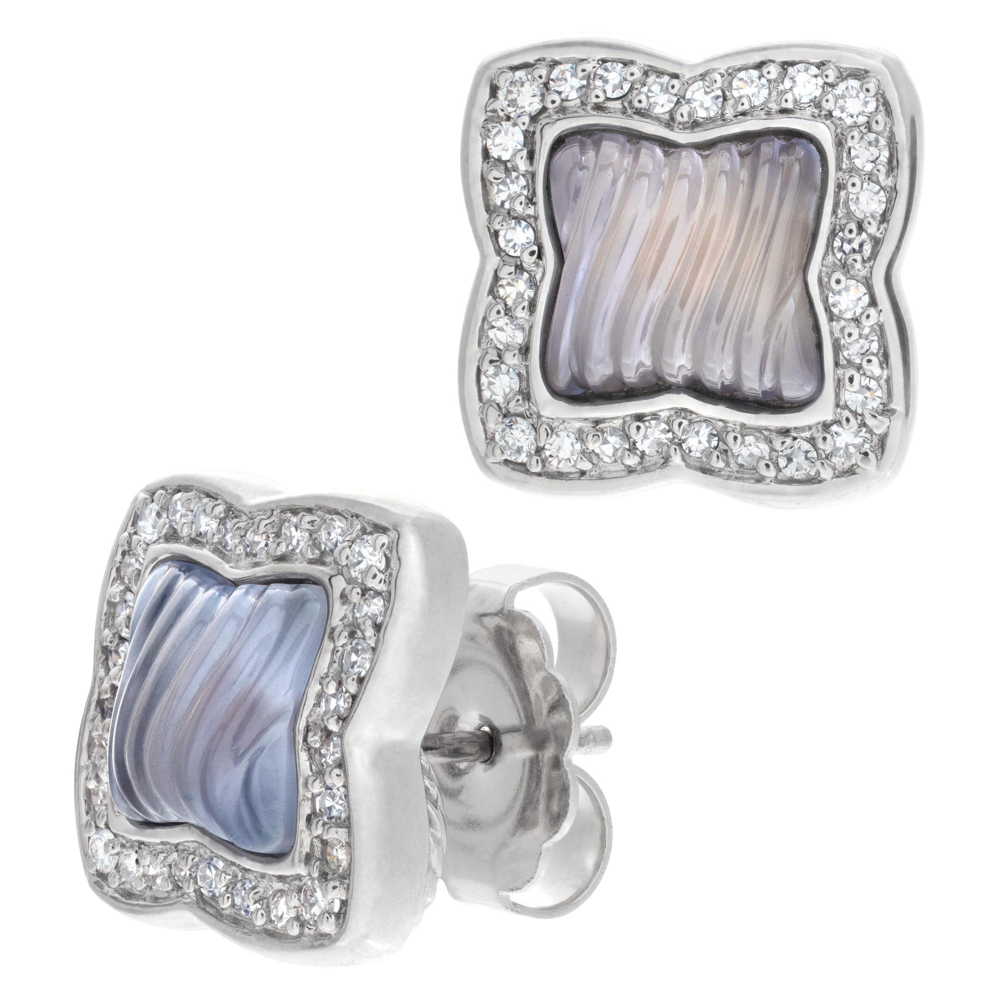 David Yurman 18K White Gold carved Chalcedony Quatrefoil diamond earrings, from the Waverly collection. Surrounded by sparkling diamonds, (eye clean and white). 15 x 15mm. Total approx. weight: 0.8 carat.