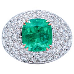Diamonds, Emerald, 14 Karat White Gold Retrò Ring