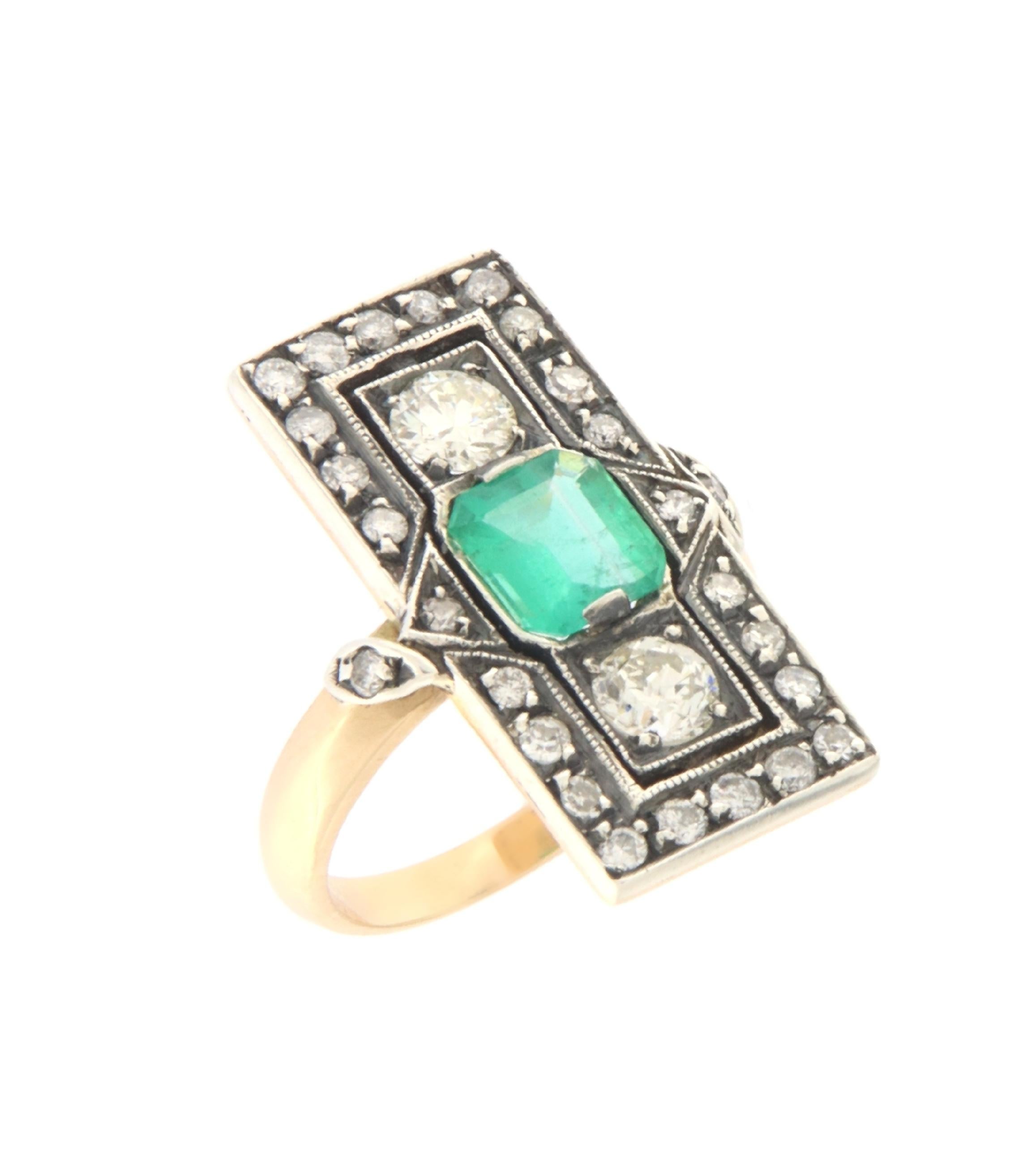 Artisan Diamonds Emerald 14 Karat Yellow Gold Cocktail Ring For Sale