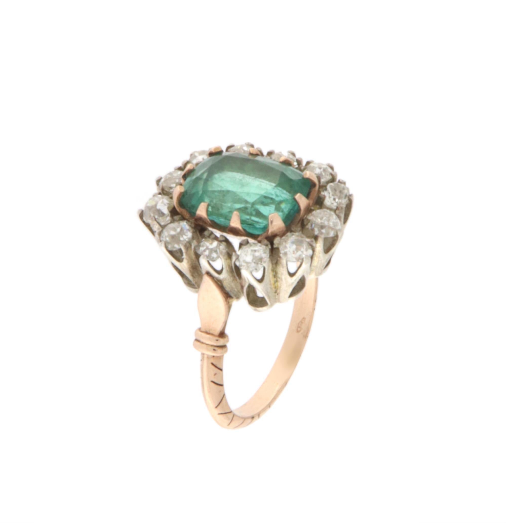 Artisan Diamonds Emerald 14 Karat Yellow Gold Cocktail Ring For Sale