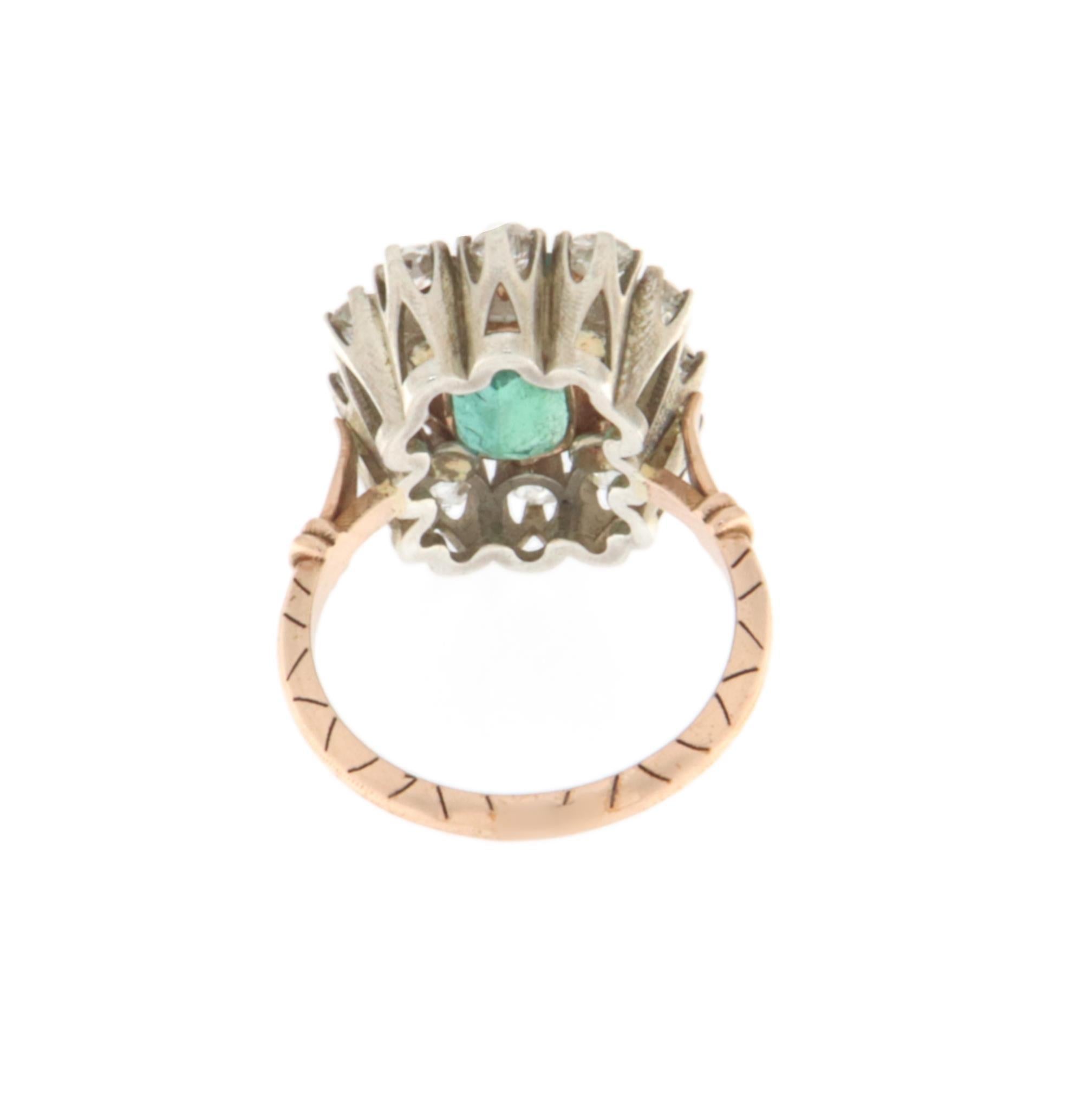 Diamonds Emerald 14 Karat Yellow Gold Cocktail Ring In New Condition For Sale In Marcianise, IT