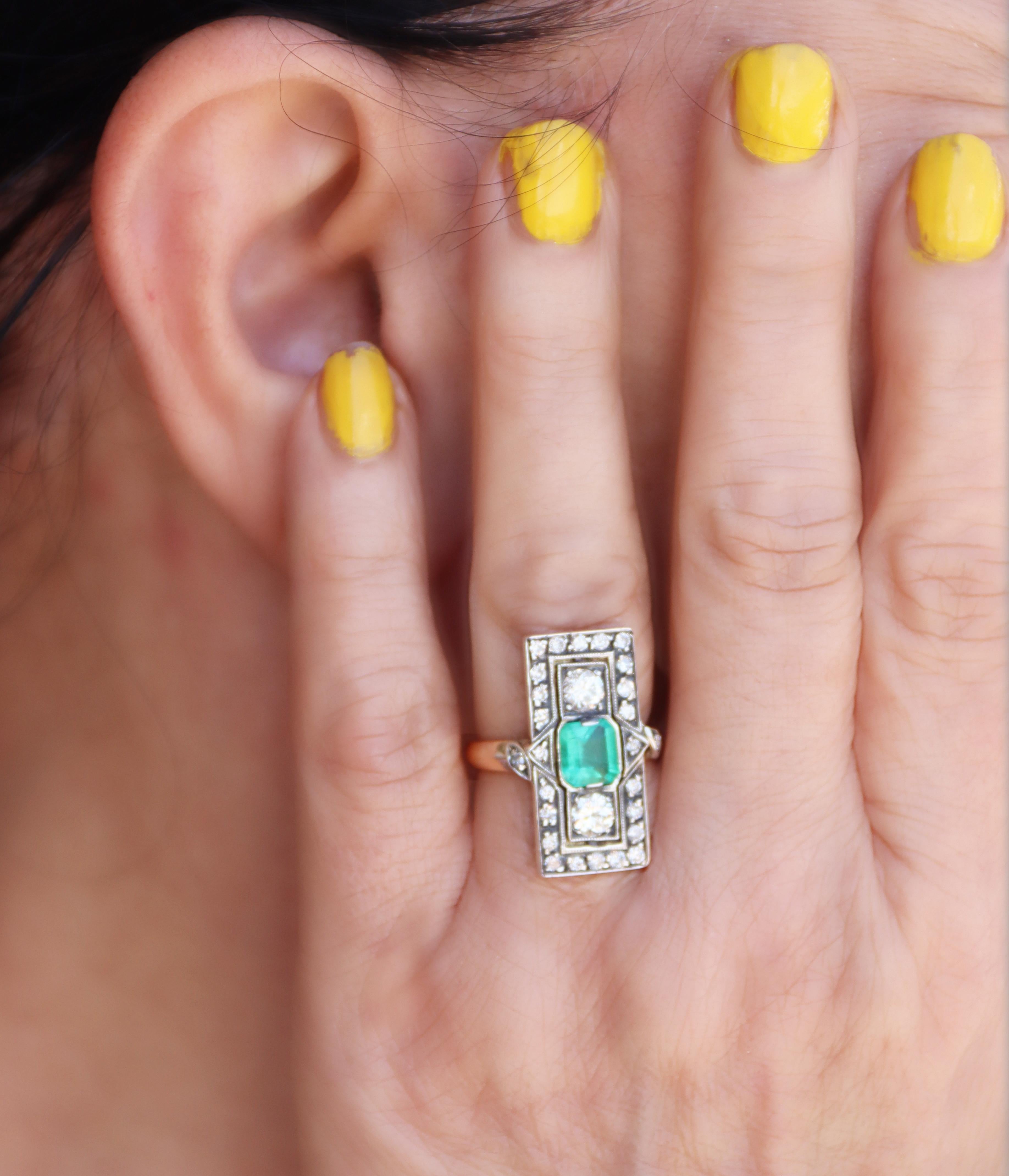 Diamonds Emerald 14 Karat Yellow Gold Cocktail Ring For Sale 2